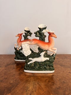 Large pair of antique 19th century Staffordshire deer spill vases