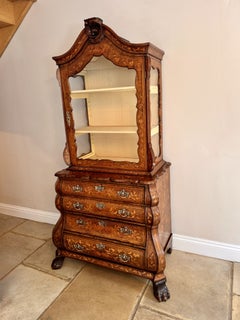 18th century Dutch walnut marquetry inlaid display cabinet on bombe chest