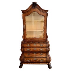 18th century Dutch walnut marquetry inlaid display cabinet on bombe chest