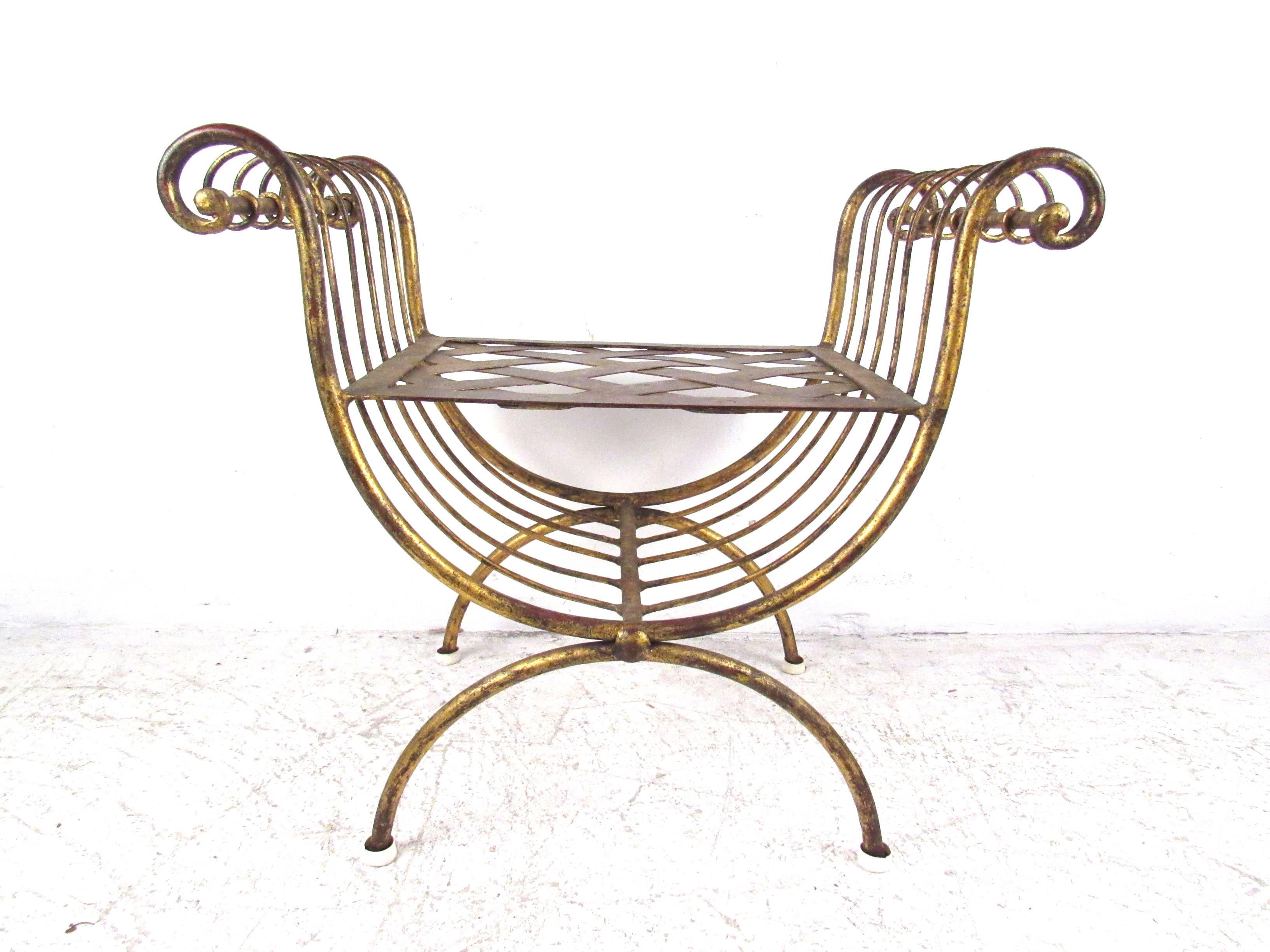 This Mid-Century Modern brass finish stool features a unique scroll style frame with cross thatch seat. Unique distressed finish shows patina and some oxidation, creating a wonderful vintage look. Please confirm item location (NY or NJ).
