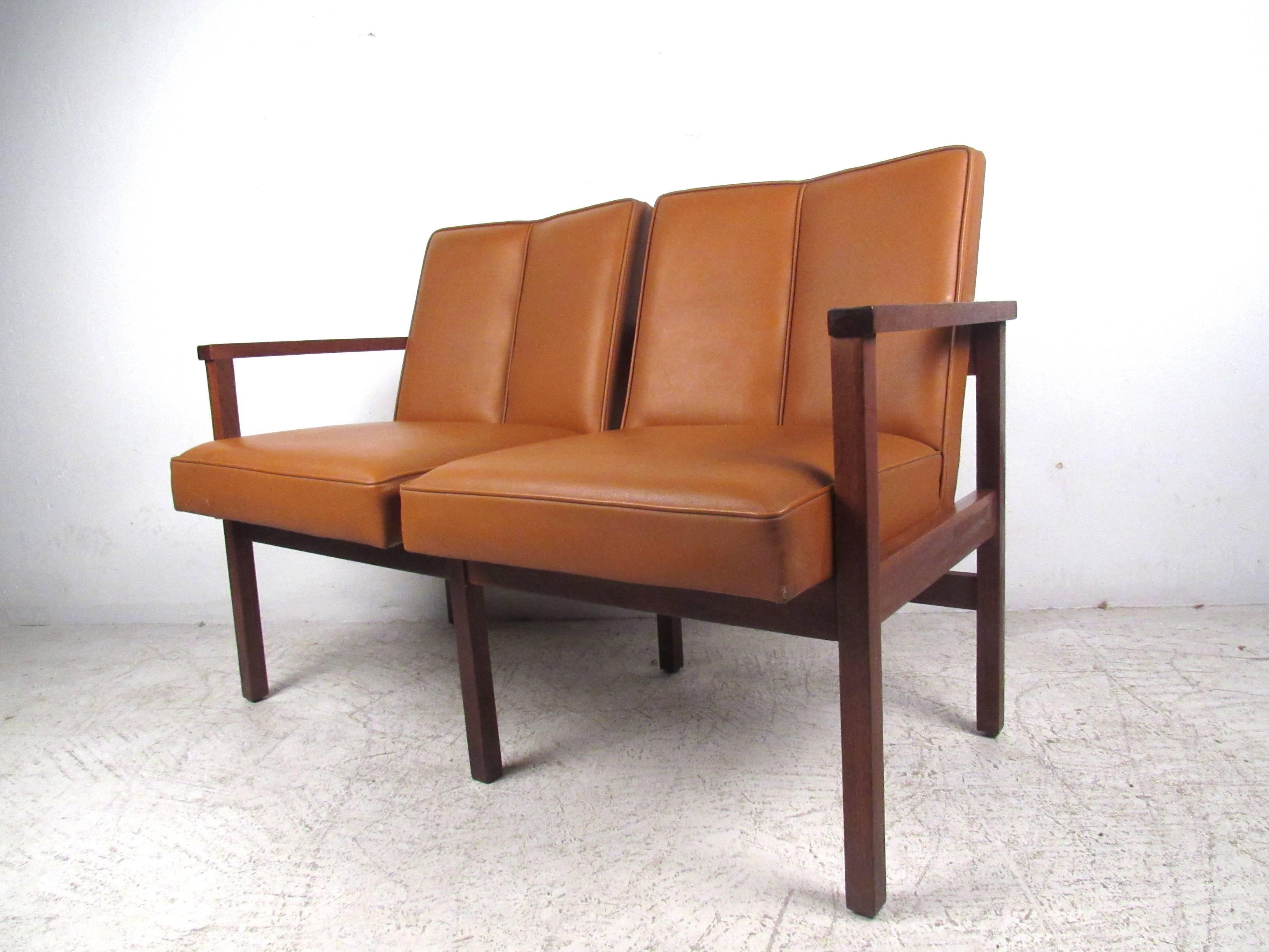 American Mid-Century Modern Vinyl and Walnut Settee For Sale