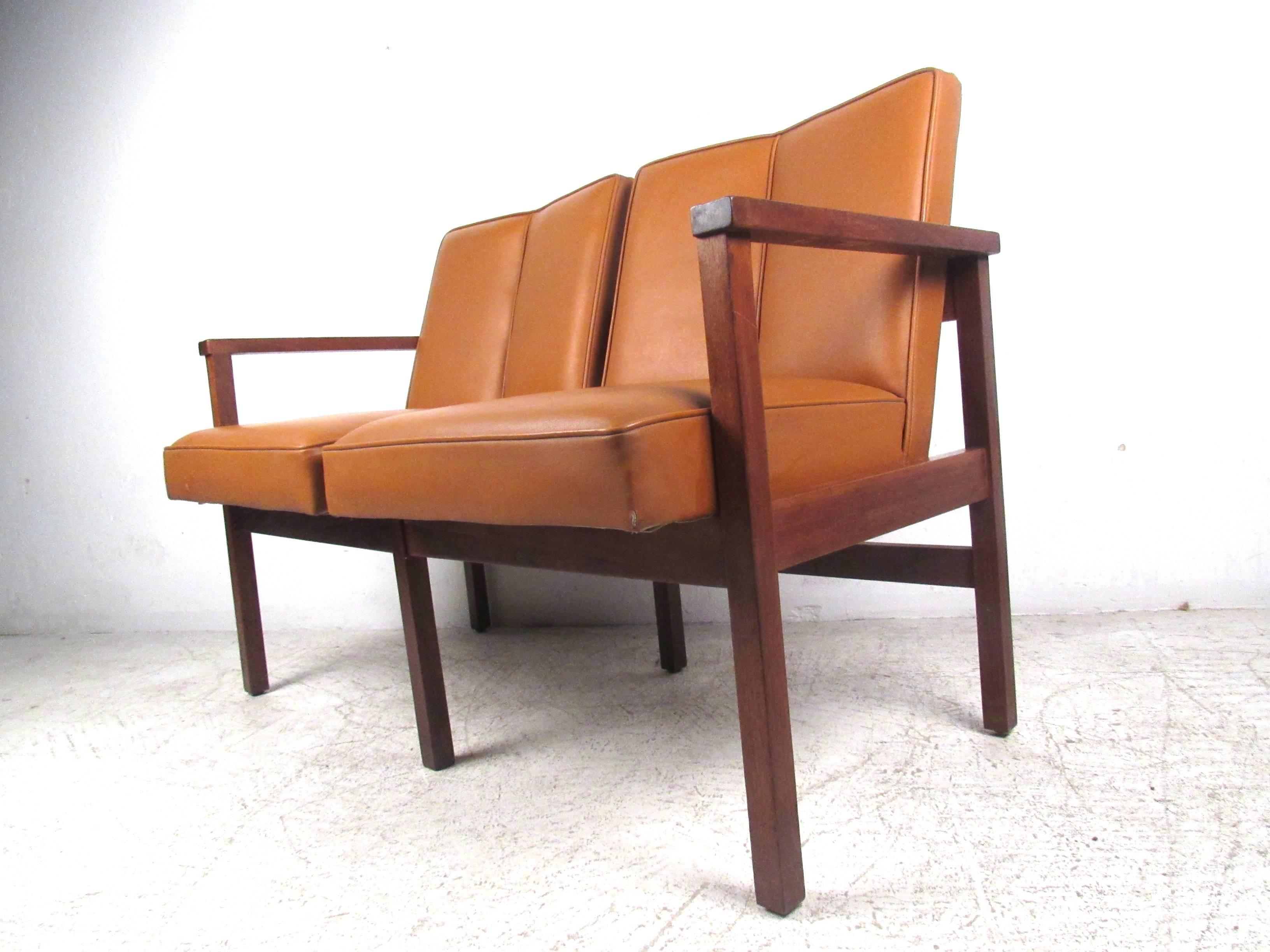 Late 20th Century Mid-Century Modern Vinyl and Walnut Settee For Sale