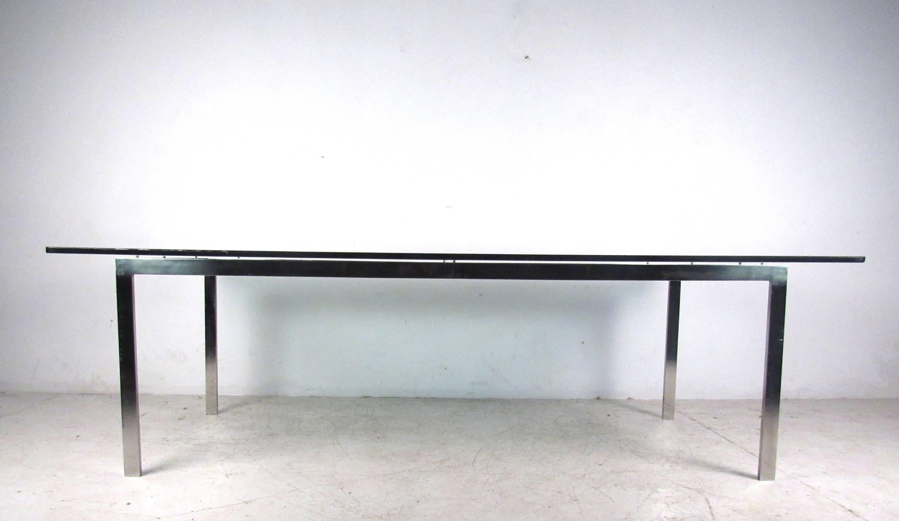 This impressive vintage glass top piece makes a wonderful vintage table for a large dining room or conference room. Sturdy construction and unique midcentury style compliment the oversized proportions of the table, please confirm item location (NY