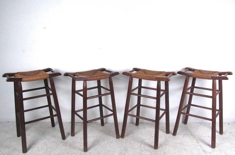 Unique Vintage Set Of Rush Seat Bar Stools In The Style Of Charlotte Perriand For Sale At 1stdibs