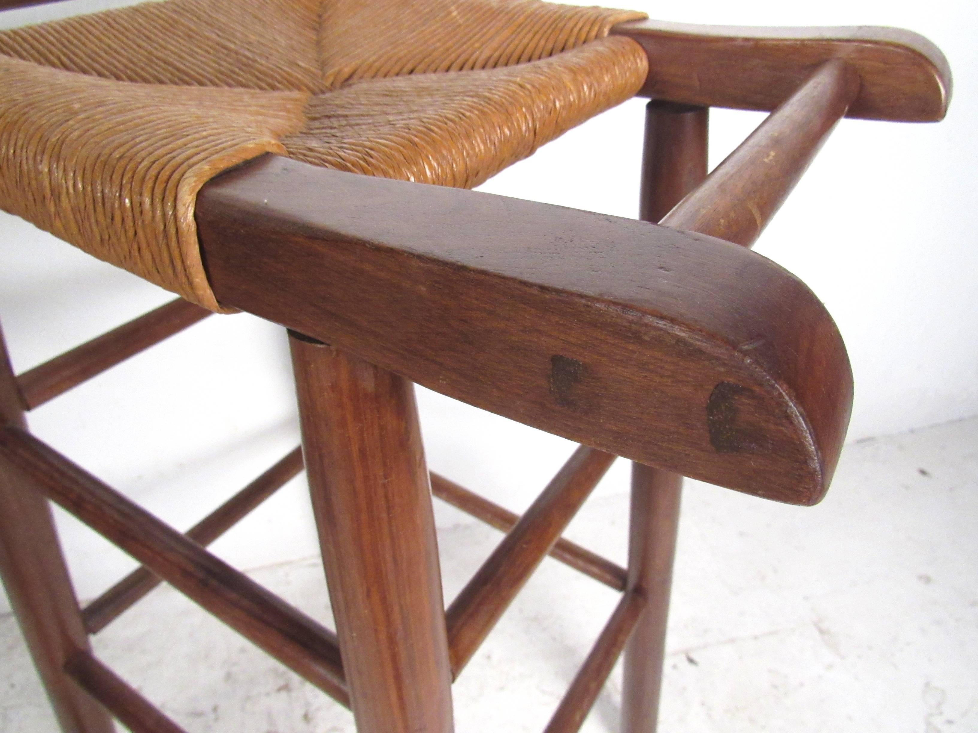 Mid-20th Century Unique Vintage Set of Rush Seat Bar Stools in the Style of Charlotte Perriand