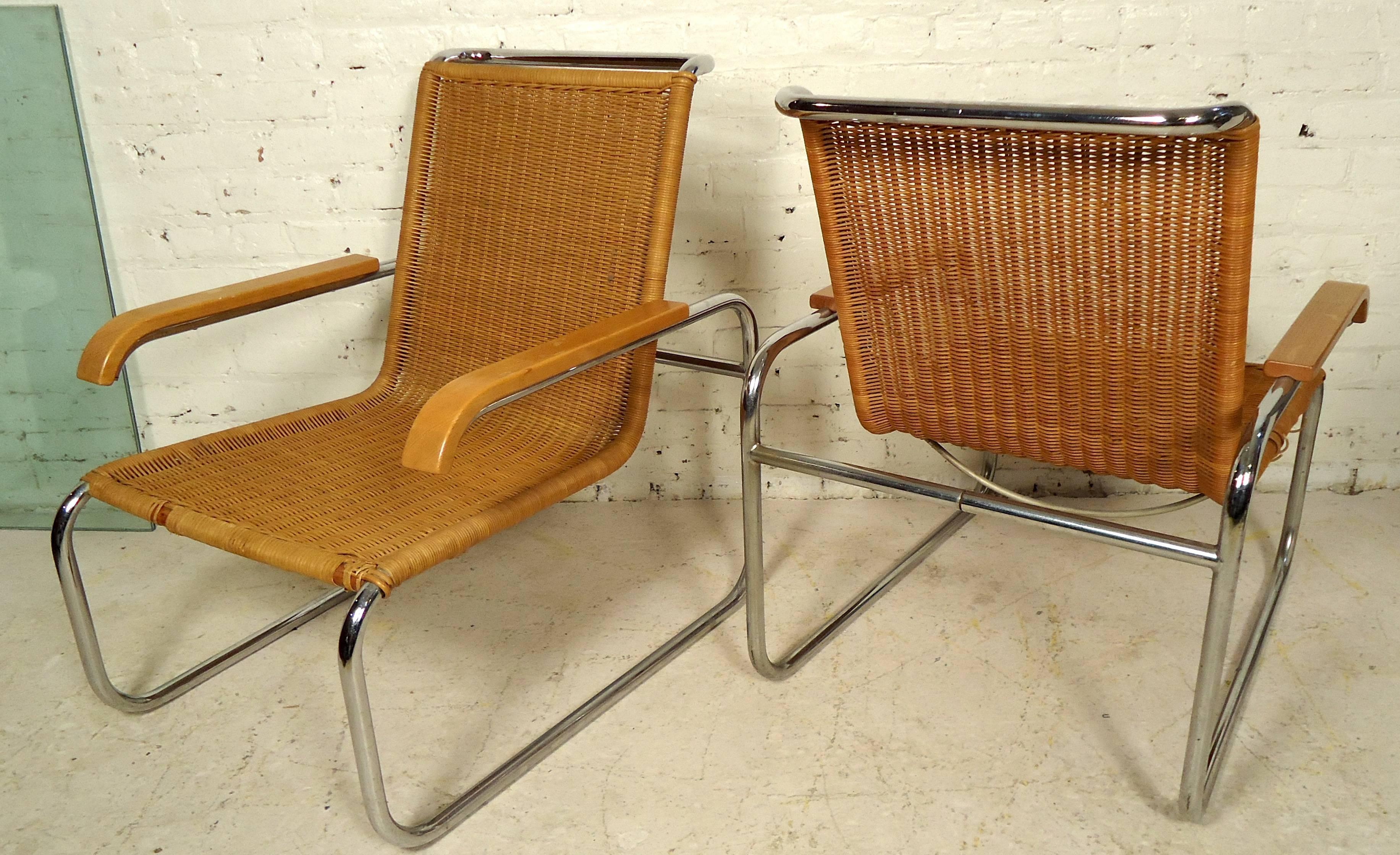 Mid-Century Modern Mid-Century Pair of Cane and Chrome Armchairs