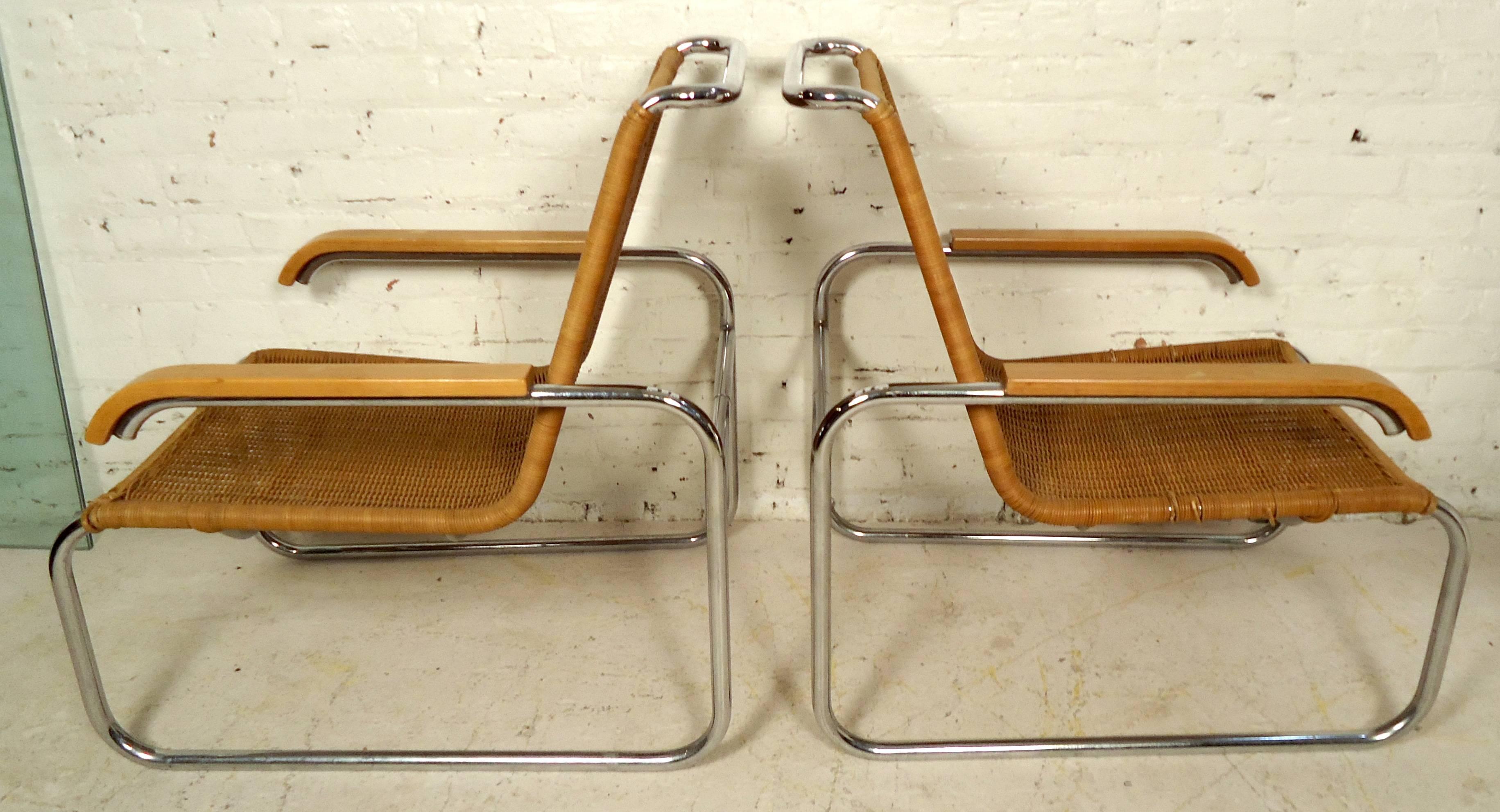 Mid-20th Century Mid-Century Pair of Cane and Chrome Armchairs