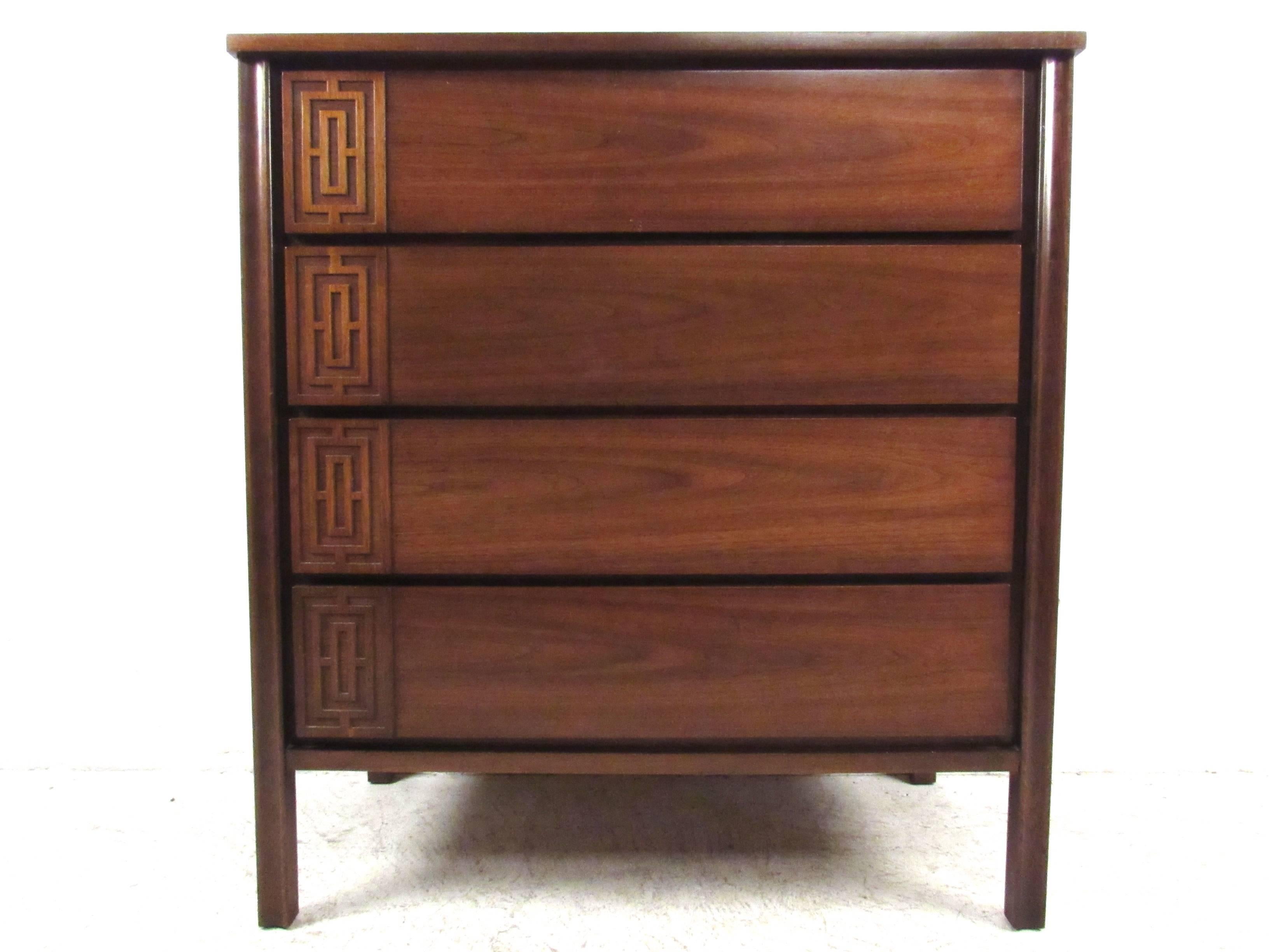 This unique matching bedroom set comes with plenty of matching storage for any bedroom. Nine-drawer low dresser pairs perfectly with matching mirrors, pair of nightstands and a four-drawer highboy dresser. Matching walnut headboard also included.