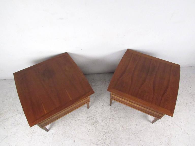 Walnut Pair of Mid-Century Modern Cane Front End Tables by Lane For Sale