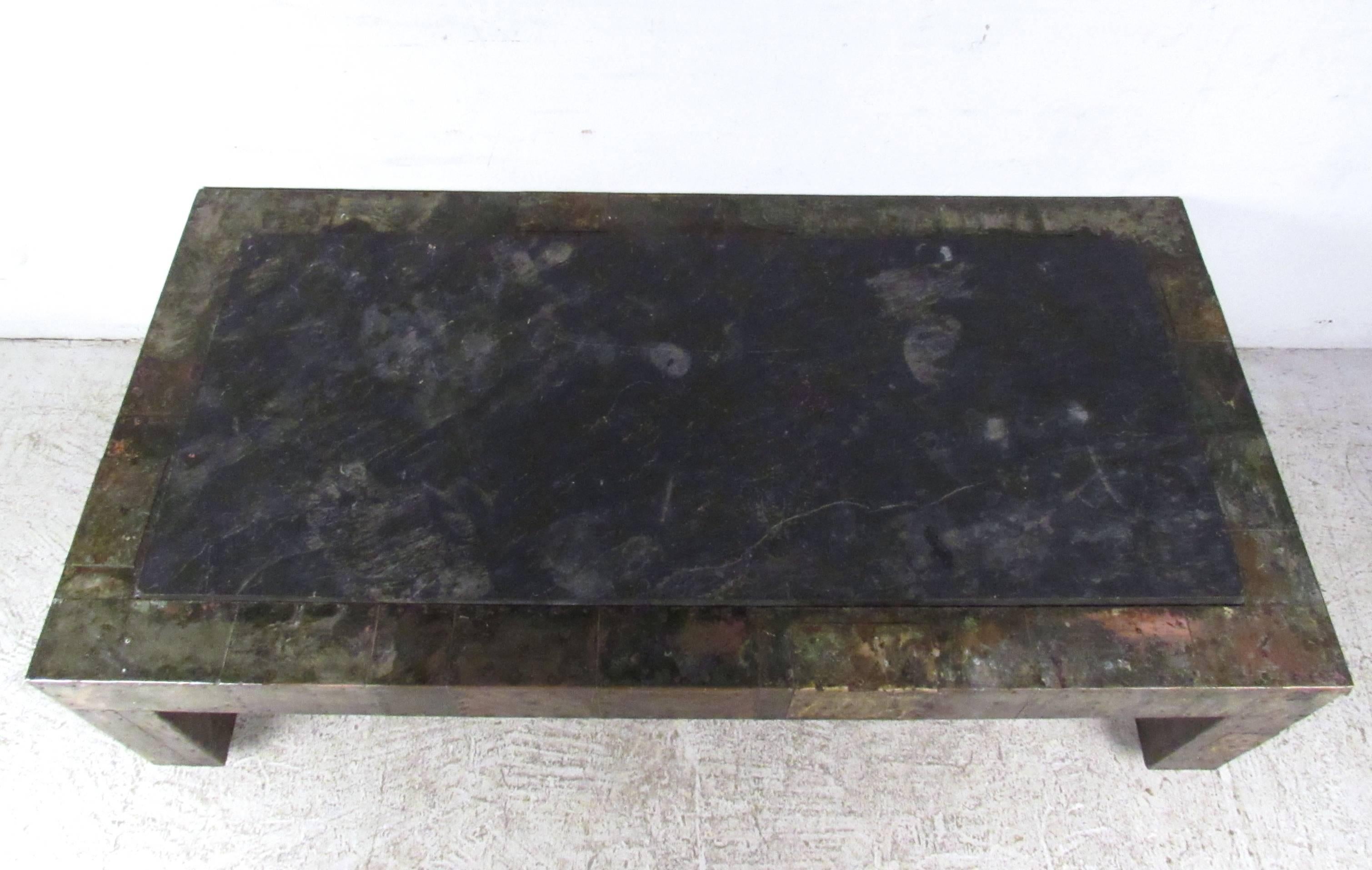 Mid-Century Modern Paul Evans Patchwork Metal and Slate Coffee Table For Sale