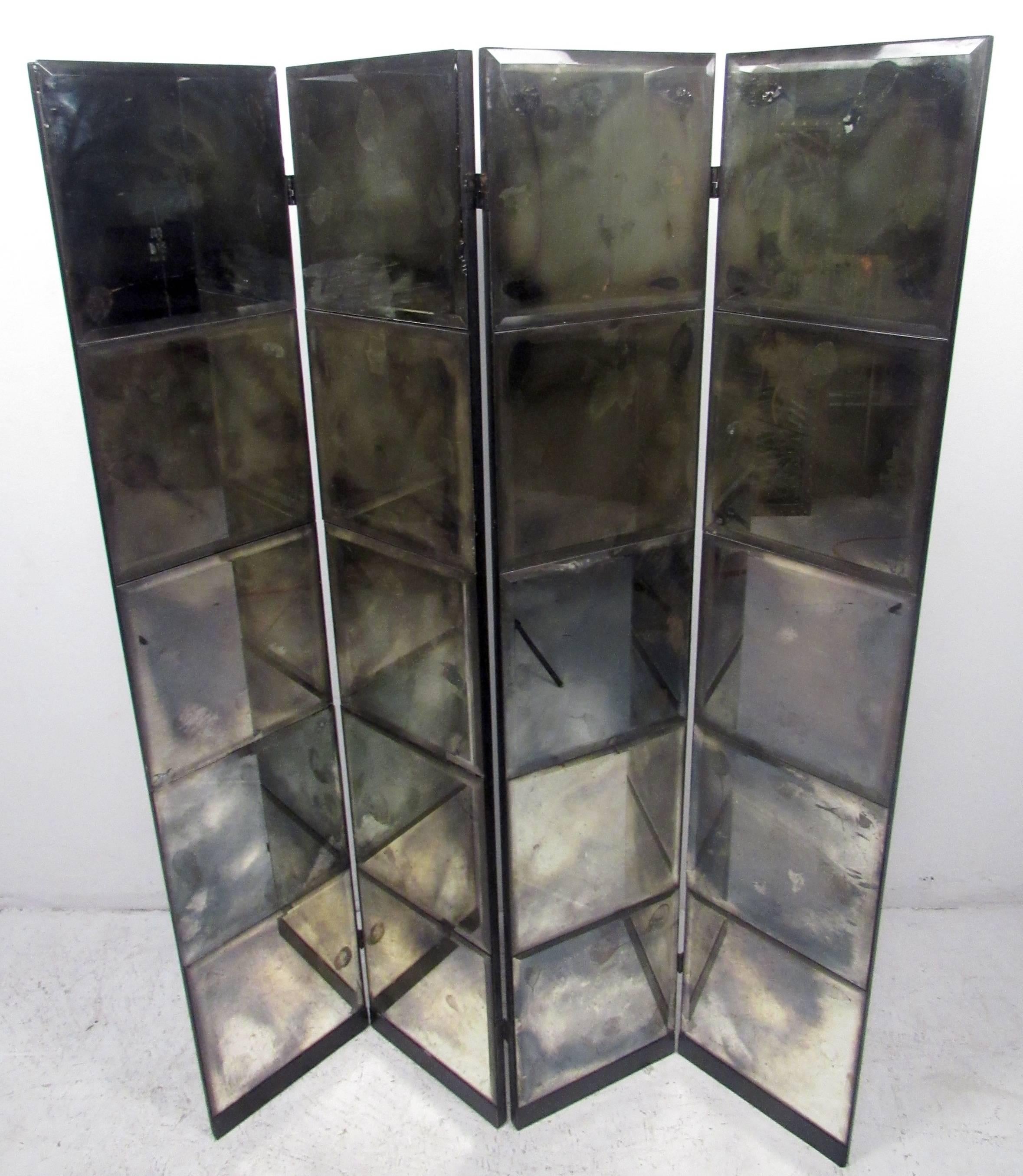Vintage modern room divider featuring mirrored front and hardwood black back and frame.

Please confirm item location NY or NJ with dealer.