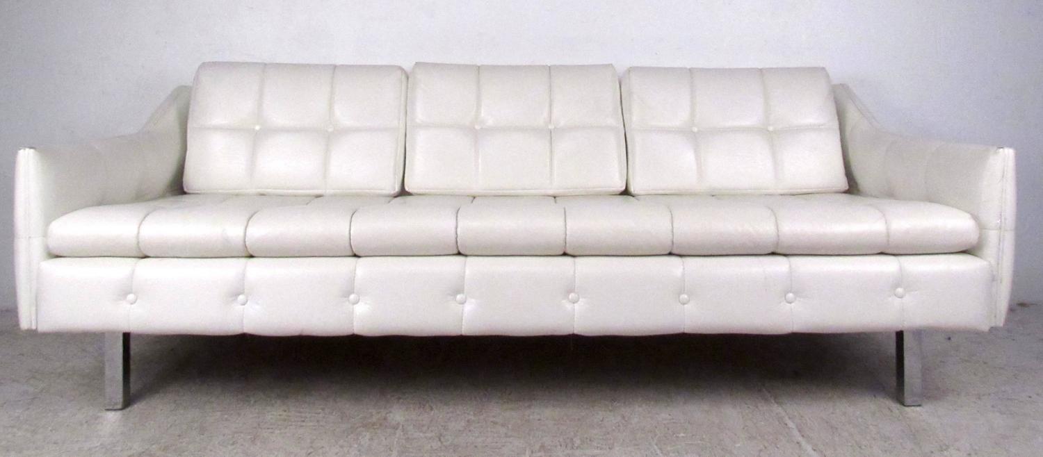 MidCentury Tufted White Vinyl Sofa For Sale at 1stdibs