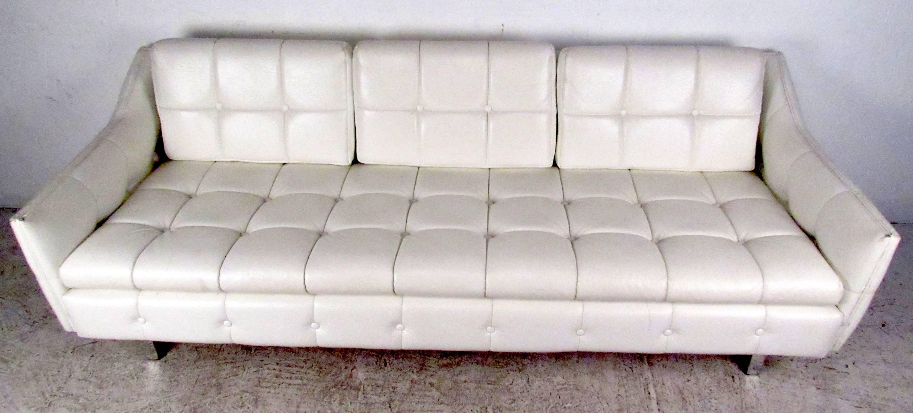 Mid-Century Modern Vintage Three Seat Sofa With Tufted Vinyl For Sale
