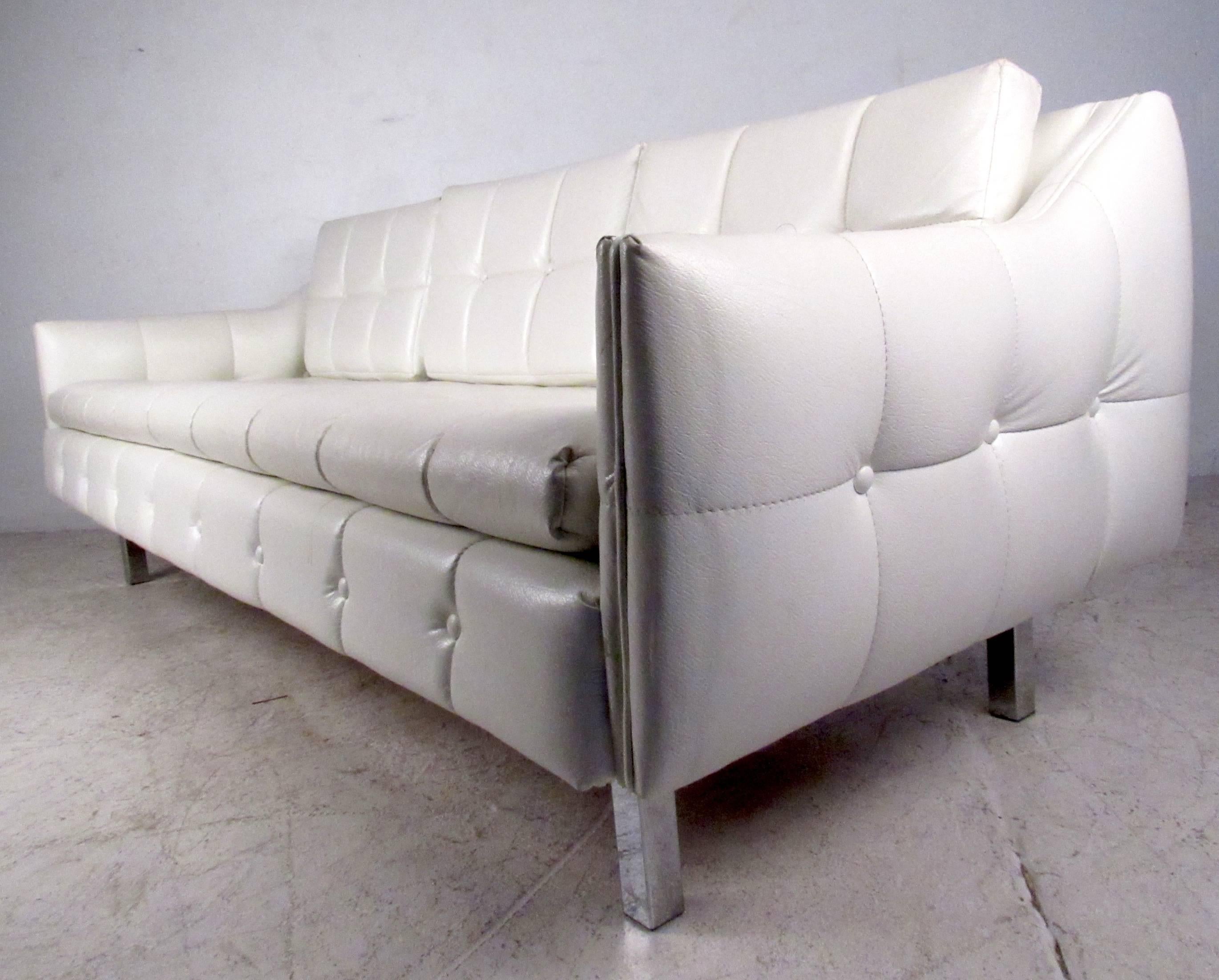 Vintage Three Seat Sofa With Tufted Vinyl In Good Condition For Sale In Brooklyn, NY