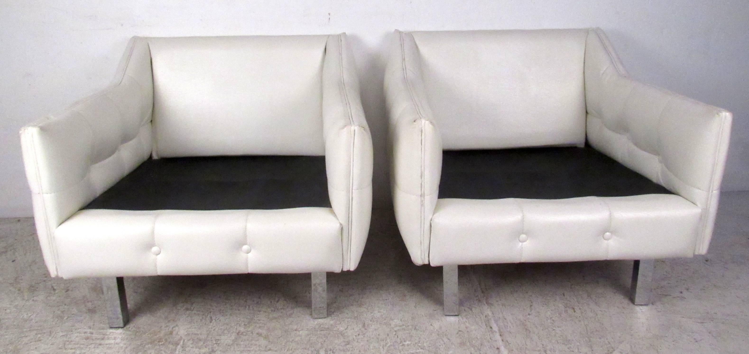 Metal Pair Mid-Century Tufted Lounge Chairs For Sale