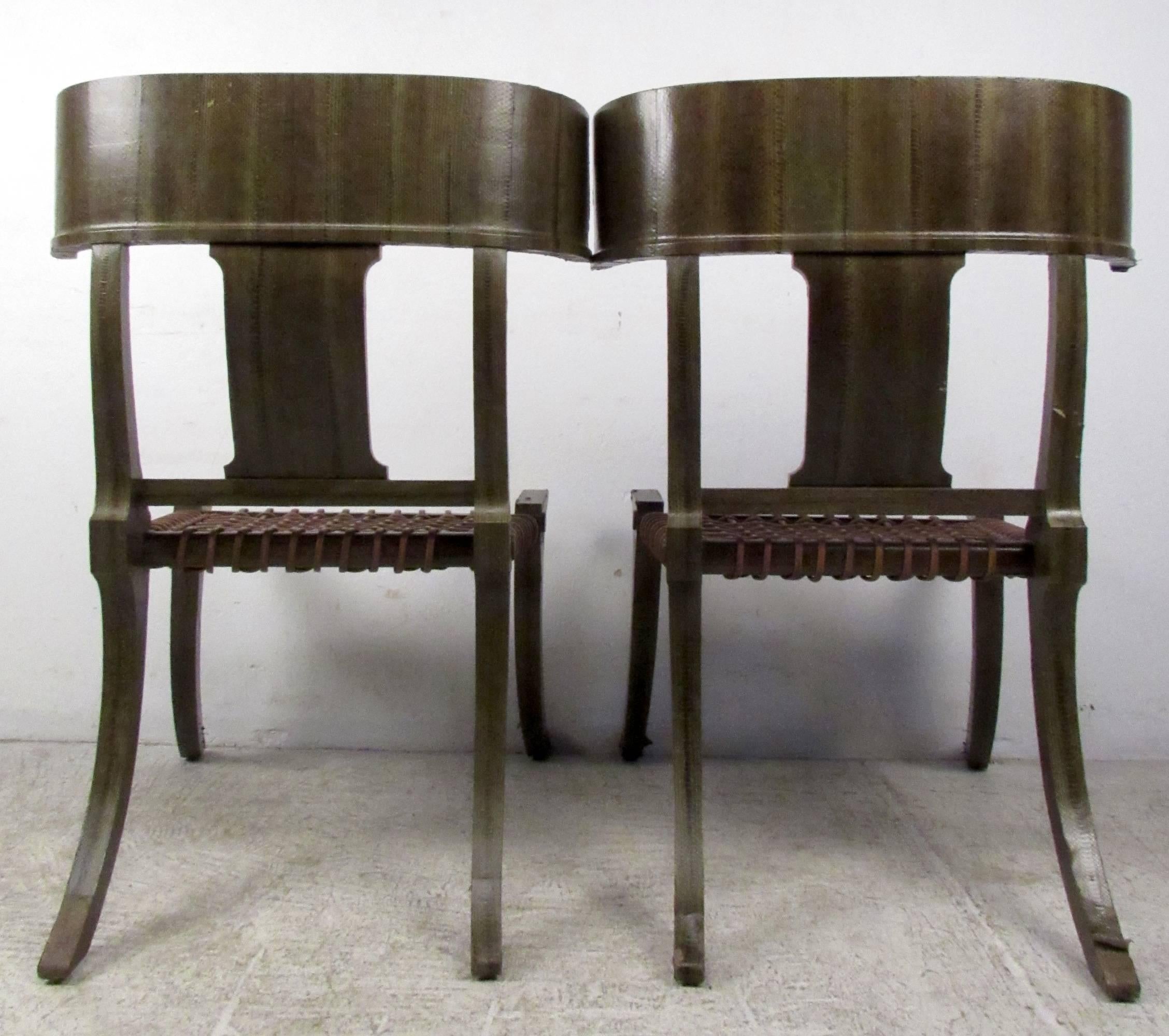 Mid-20th Century Pair of Snake Skin Klismos Chairs after Robsjohn-Gibbings