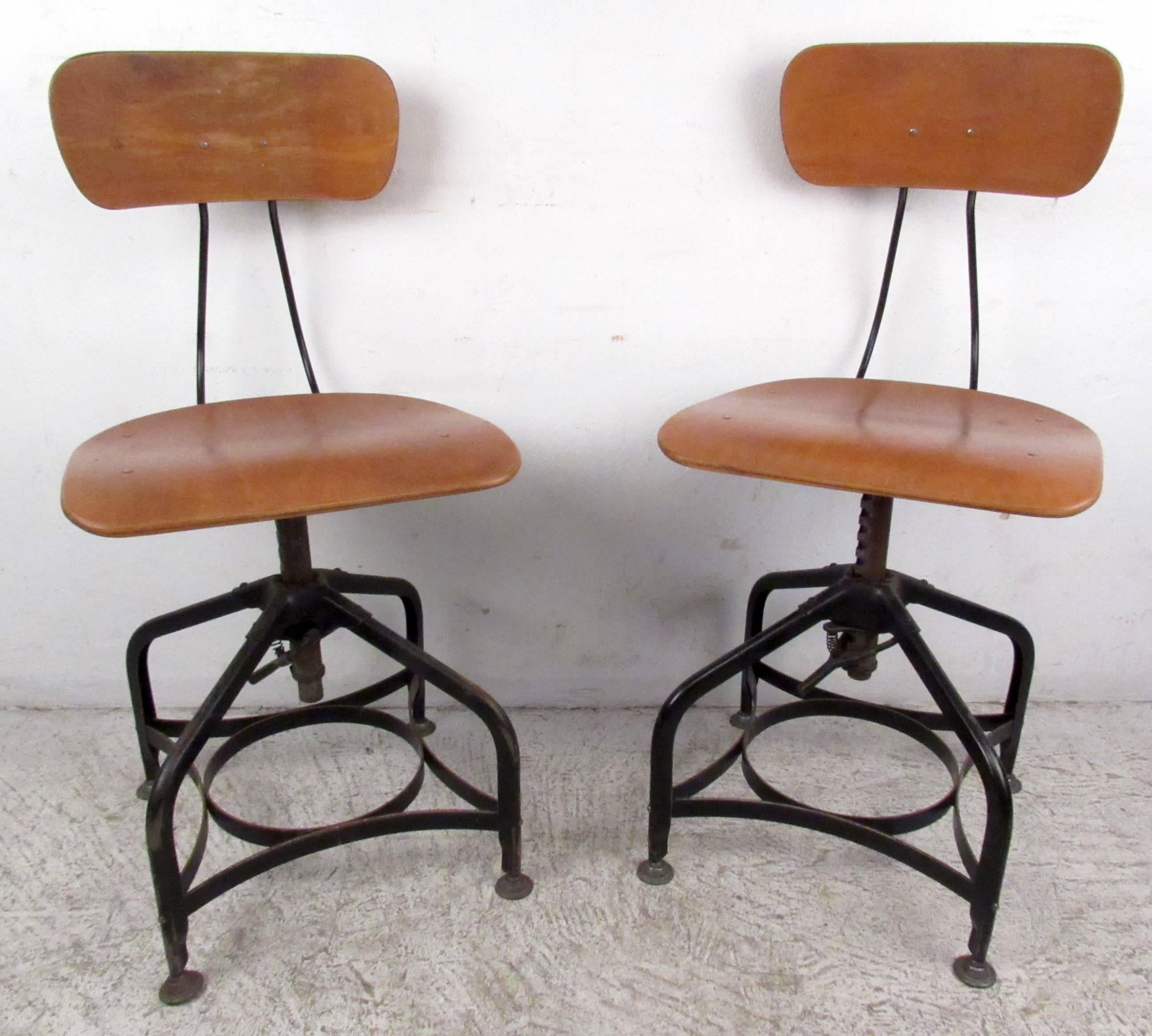 Pair of Mid-Century Draftsman Swivel Stools by Toledo In Good Condition In Brooklyn, NY