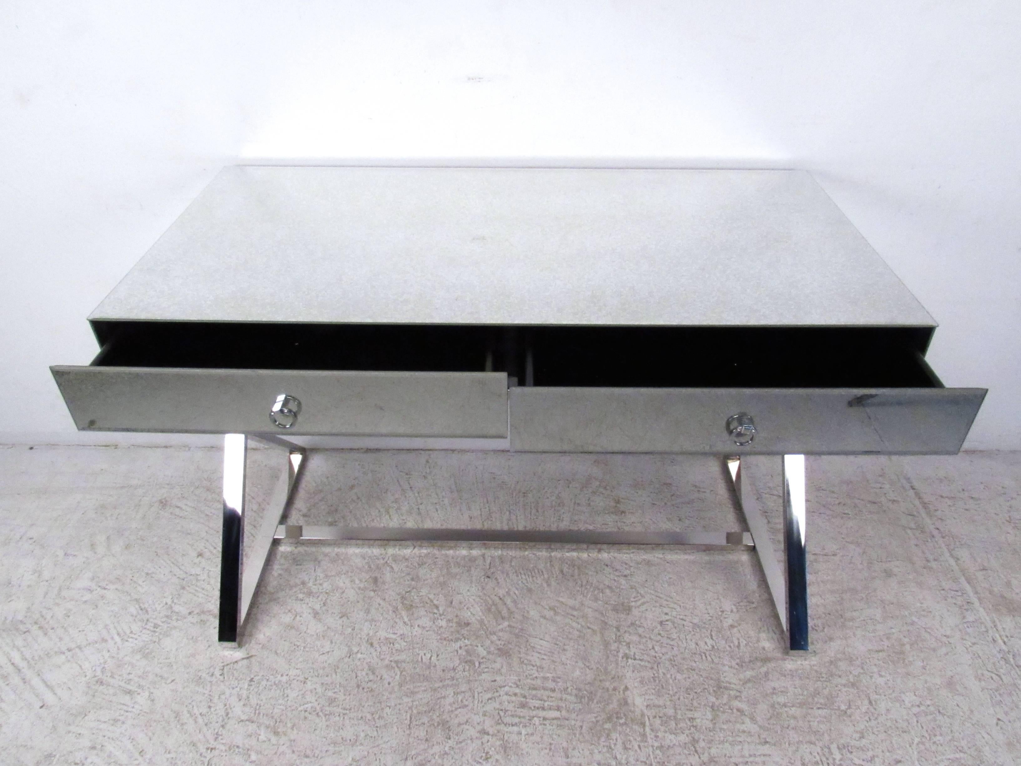 Mid-Century Modern Glass Top X-Base Desk For Sale