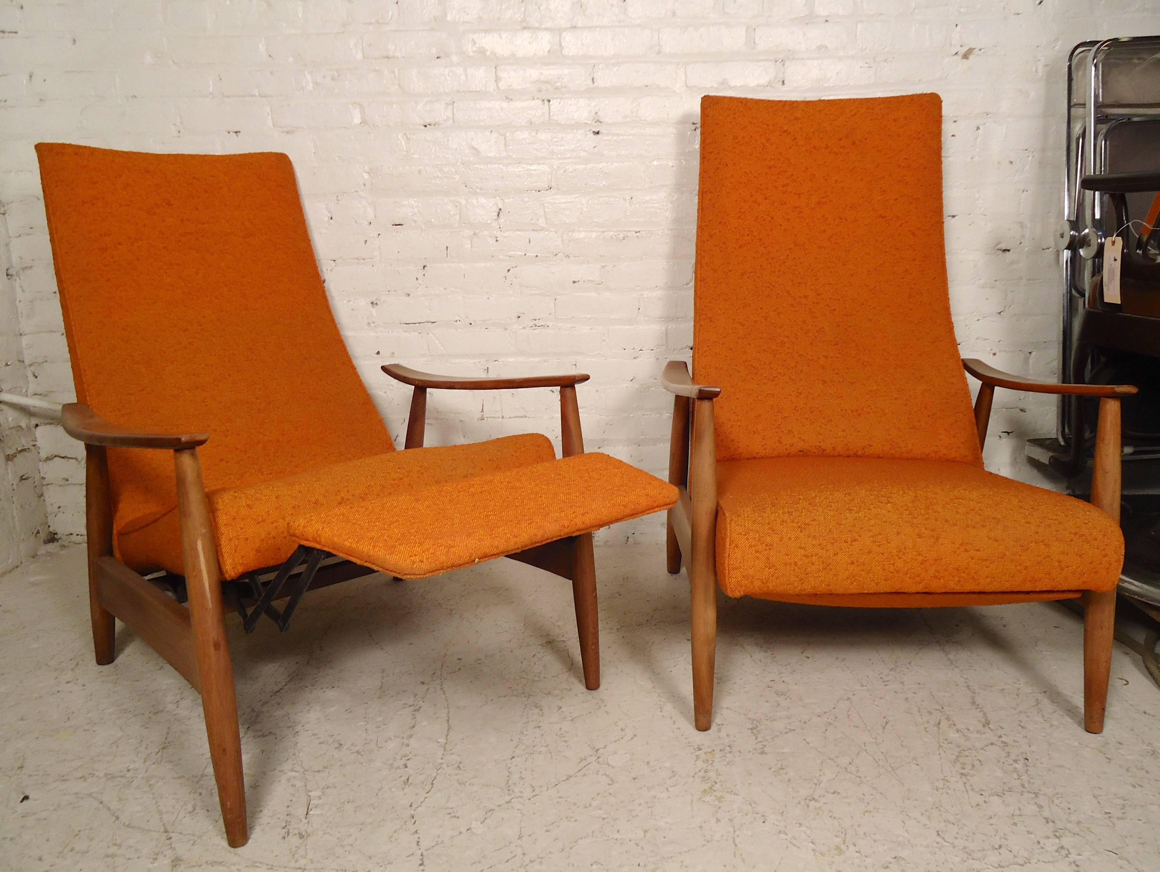 Mid-Century Modern armchairs by Milo Baughman for Thayer Coggin featuring reclining function and extending footrest. 

(Please confirm item location - NY or NJ - with dealer).
 