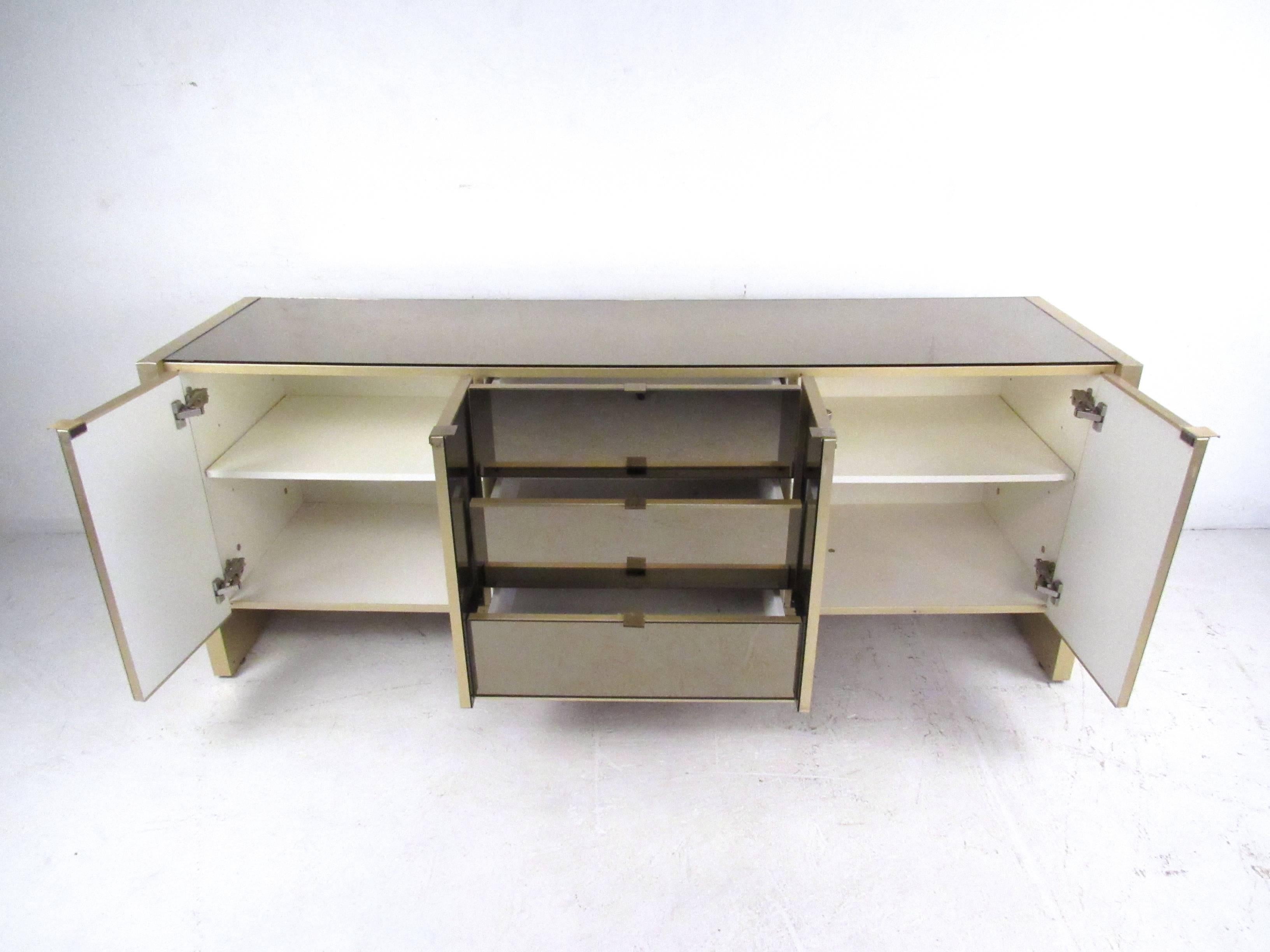 American Exquisite Mid-Century Server in Brass and Bronze Mirror by Ello