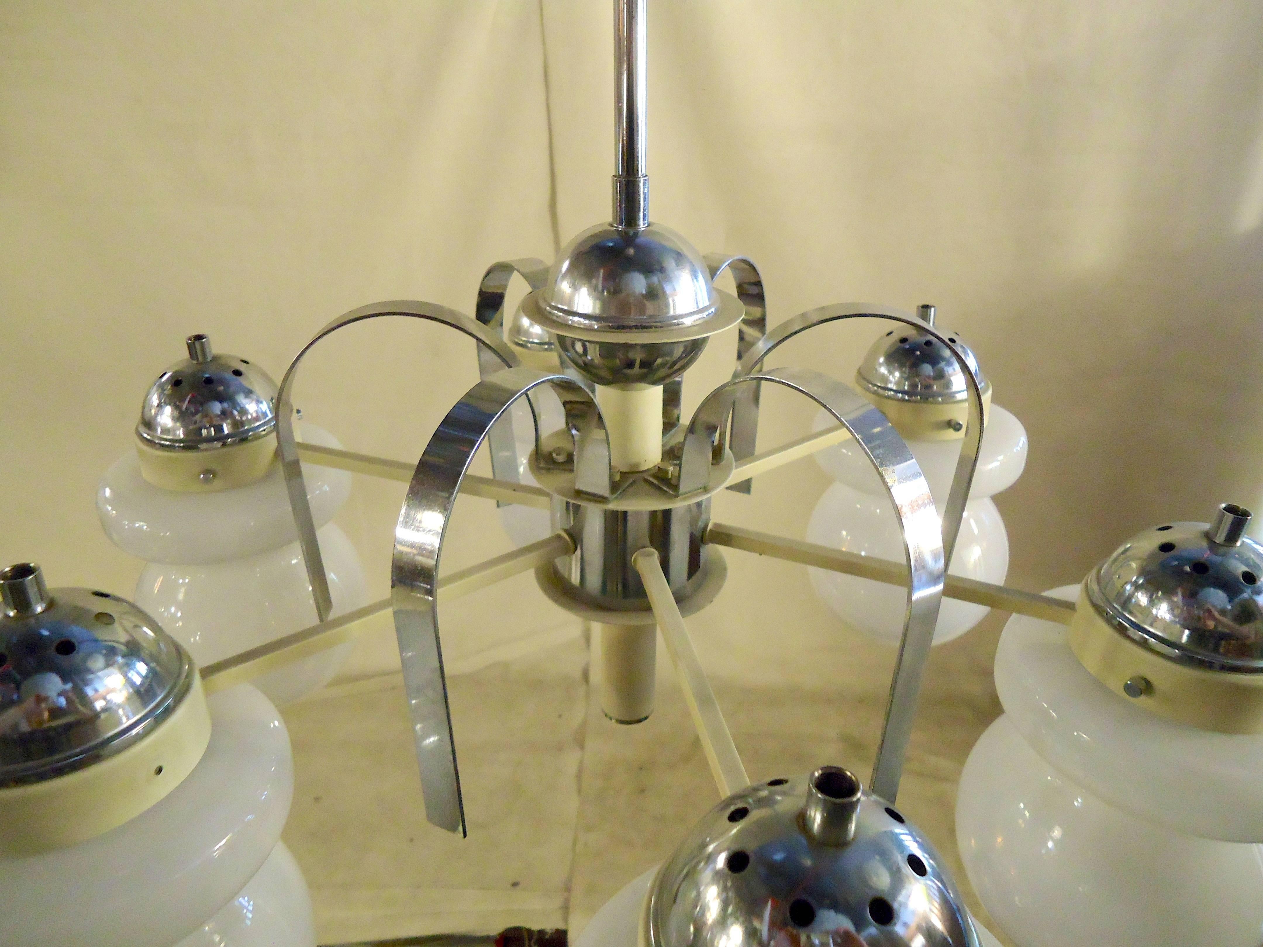 Glass Mid-Century Modern Chandelier with Frosted Globes For Sale