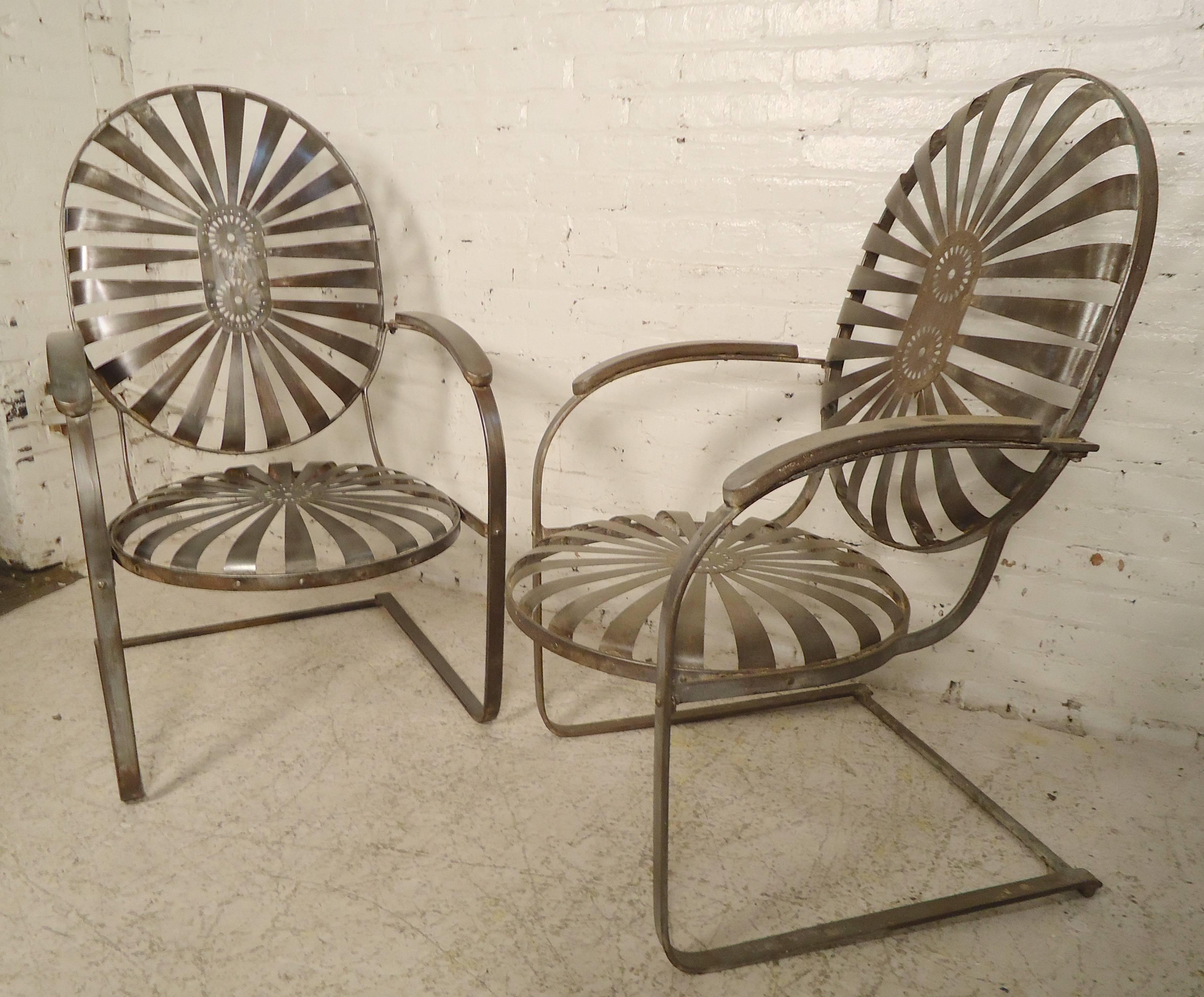 Two Mid-Century spring chairs with cantilever base. Restored in a rough bare metal style finish. Spring base and flexible seat and back provide comfortable seating indoors or out.

(Please confirm item location - NY or NJ - with dealer).
 