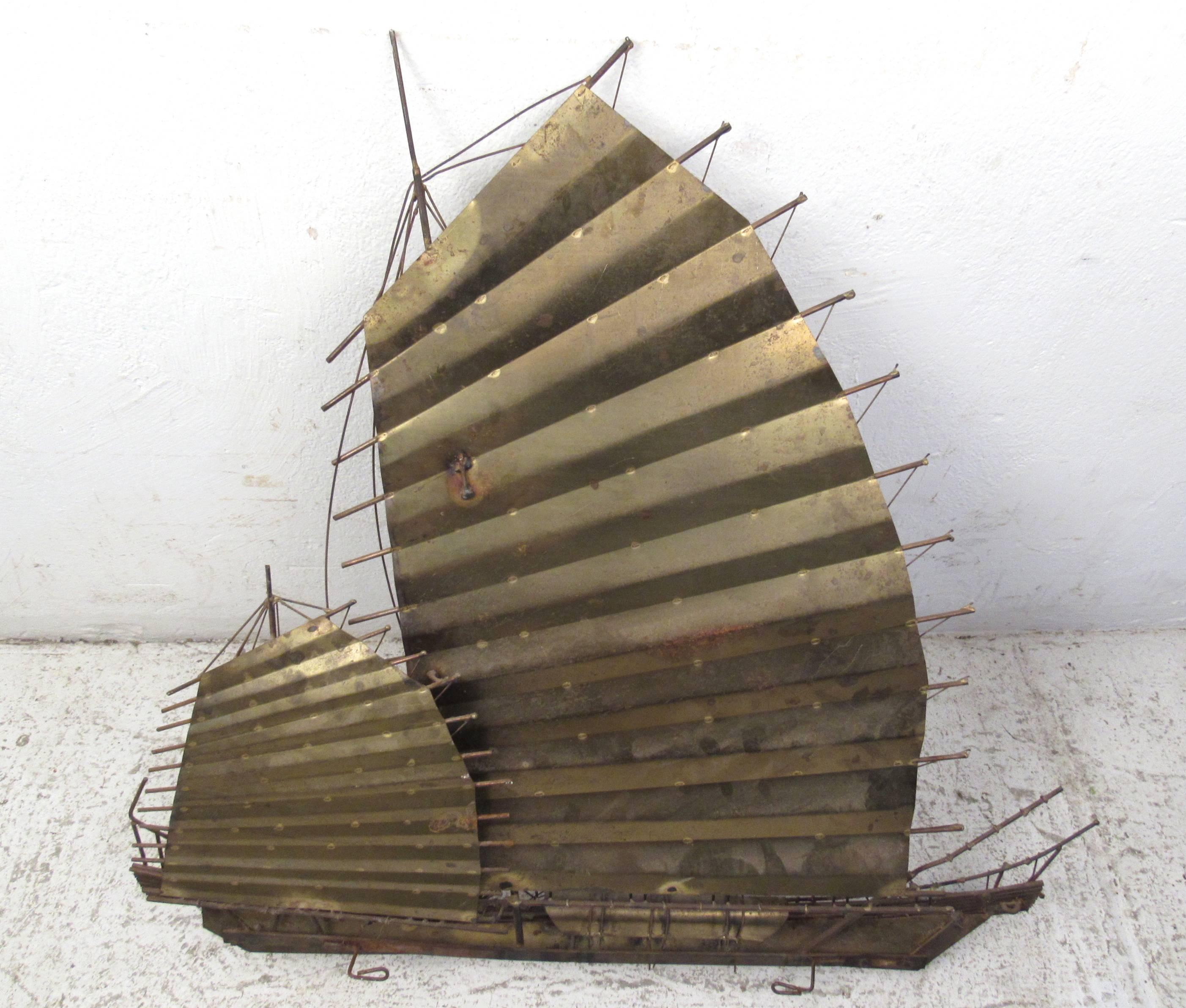 Mid-Century Modern C. Jere Signed Wall Sculpture of Chinese Junk Boat