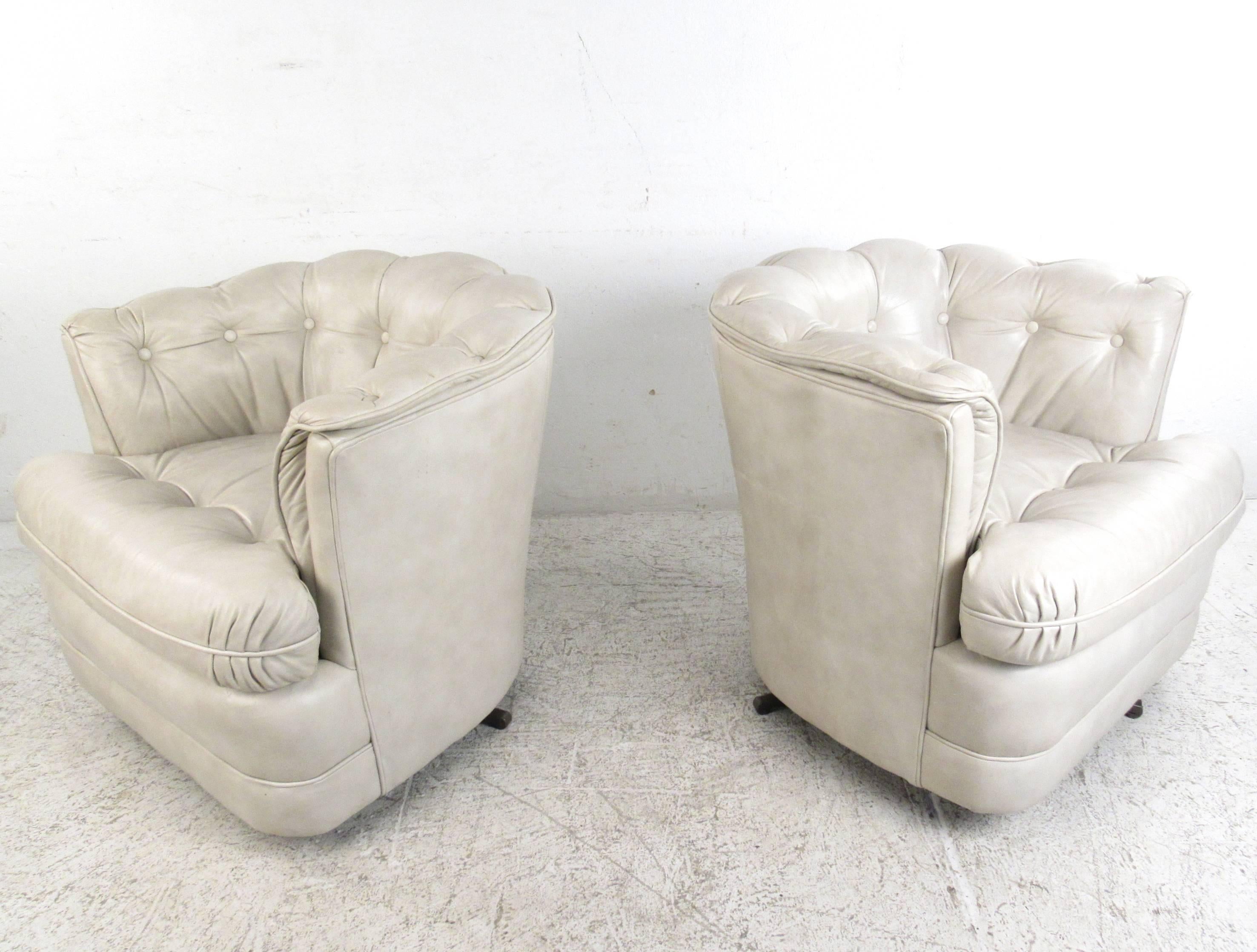 American Pair of Vintage Tufted Leather Swivel Lounge Chairs, Mid-Century Modern