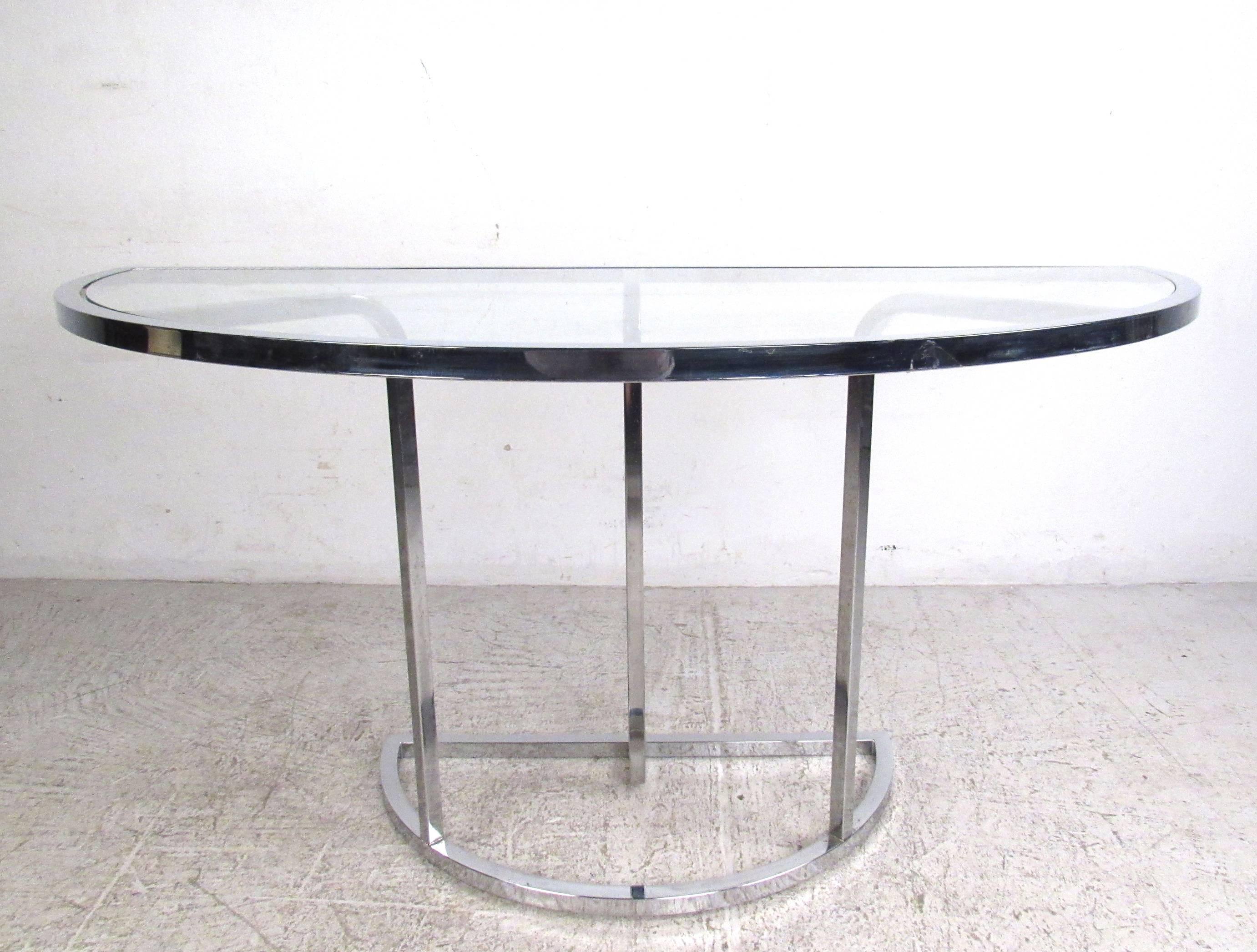 Mid-Century Modern Vintage Modern Demilune Hall Table, Mid-Century Chrome and Glass Console