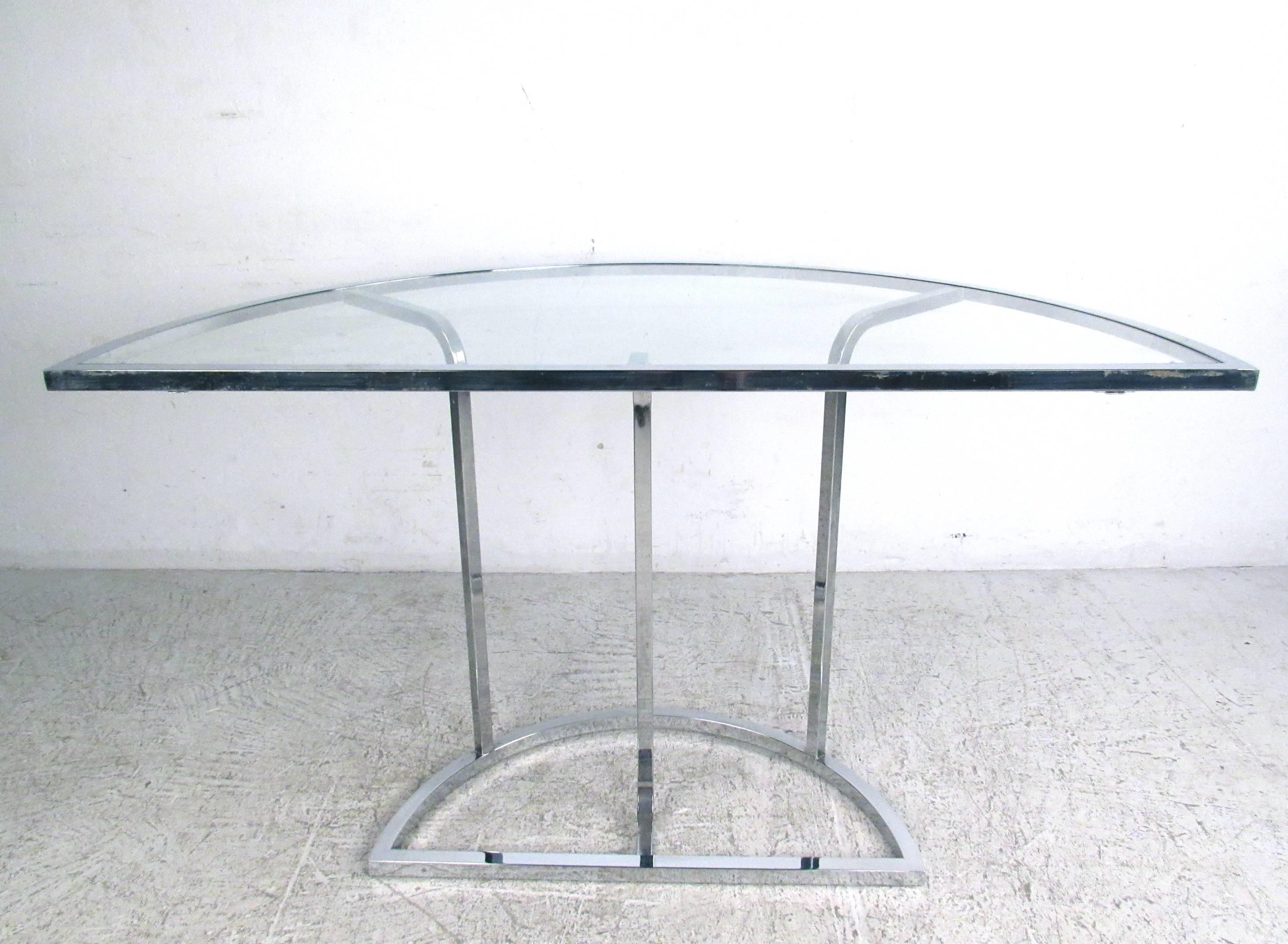 Vintage Modern Demilune Hall Table, Mid-Century Chrome and Glass Console In Good Condition In Brooklyn, NY