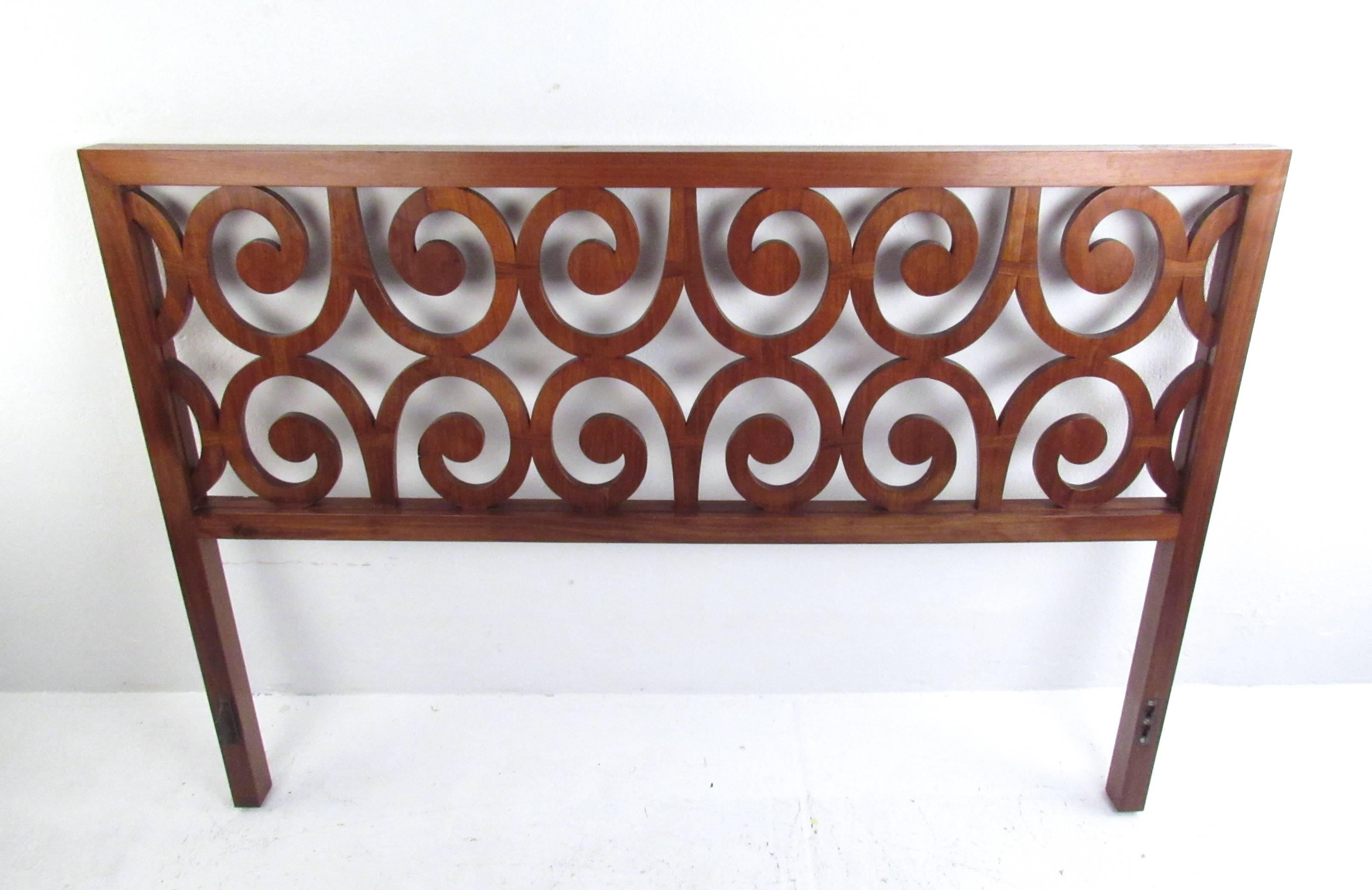 This unique vintage headboard features stunning sculptural wood design in a rich natural finish. Perfect high profile headboard for completing your vintage bedroom set. Fits queen-size beds at 61 inches wide, please confirm item location (NY or NJ).