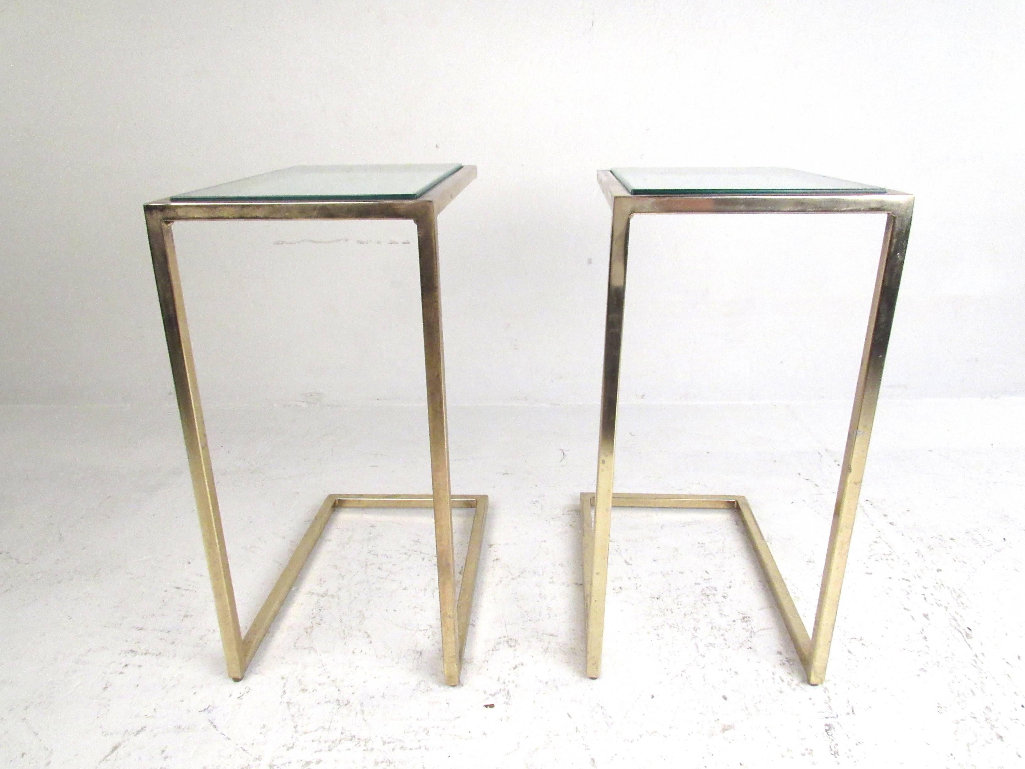 Mid-20th Century Pair of Vintage Brass Cantilever End Tables