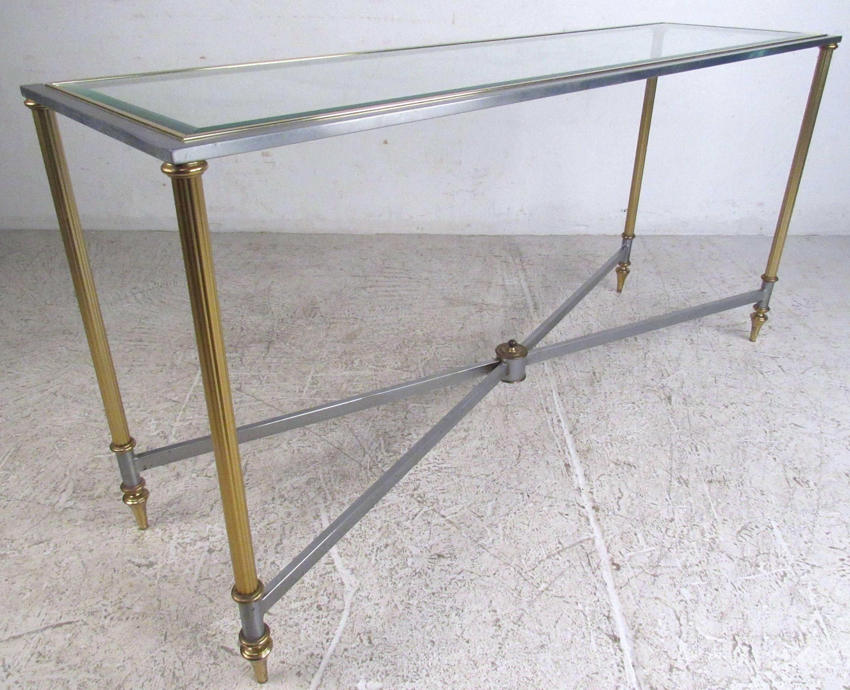 Mid-Century Modern Vintage Brass and Steel Console Table, Mid-Century Maison Jansen Style Table