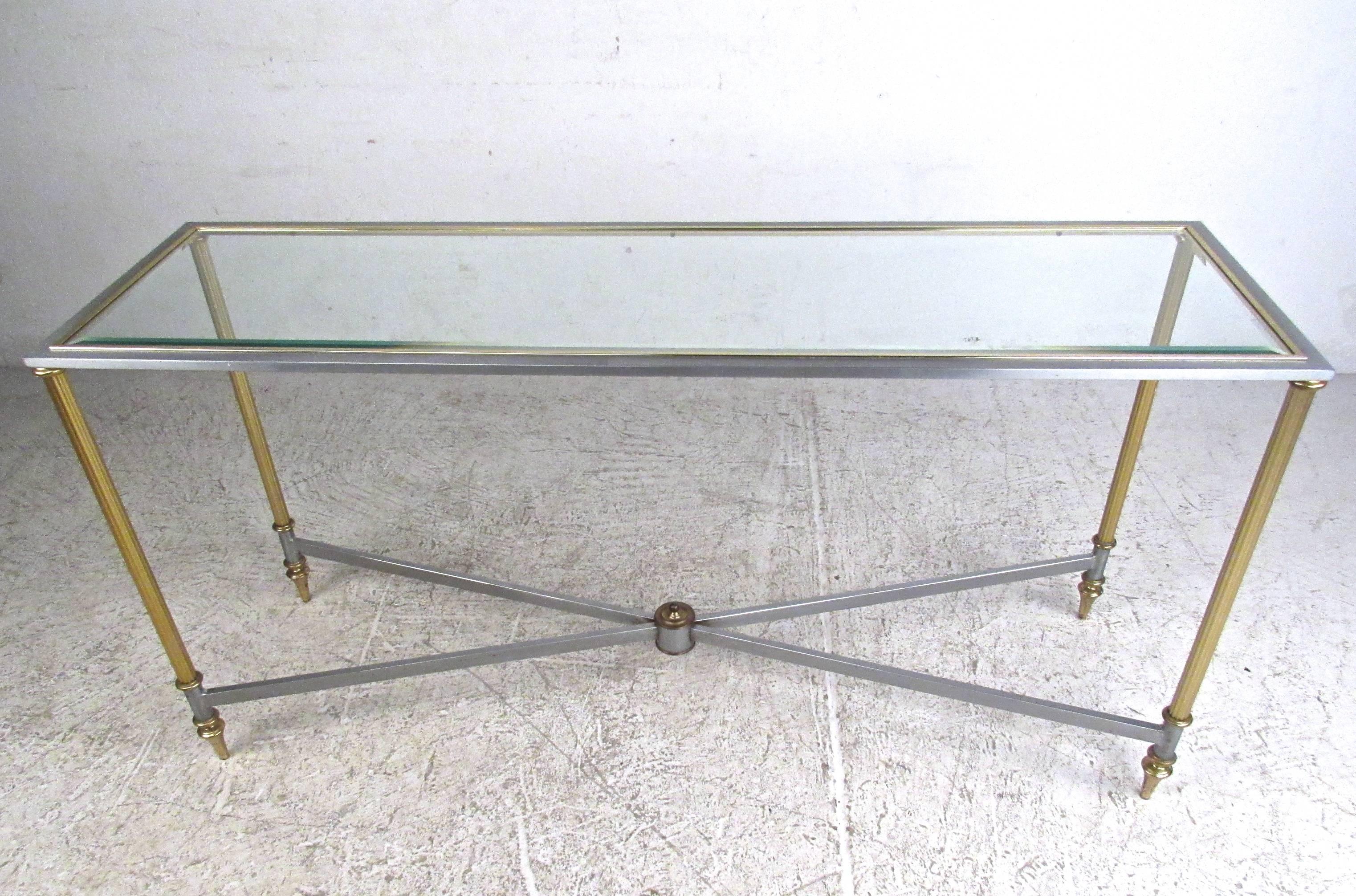 Vintage Brass and Steel Console Table, Mid-Century Maison Jansen Style Table In Good Condition In Brooklyn, NY