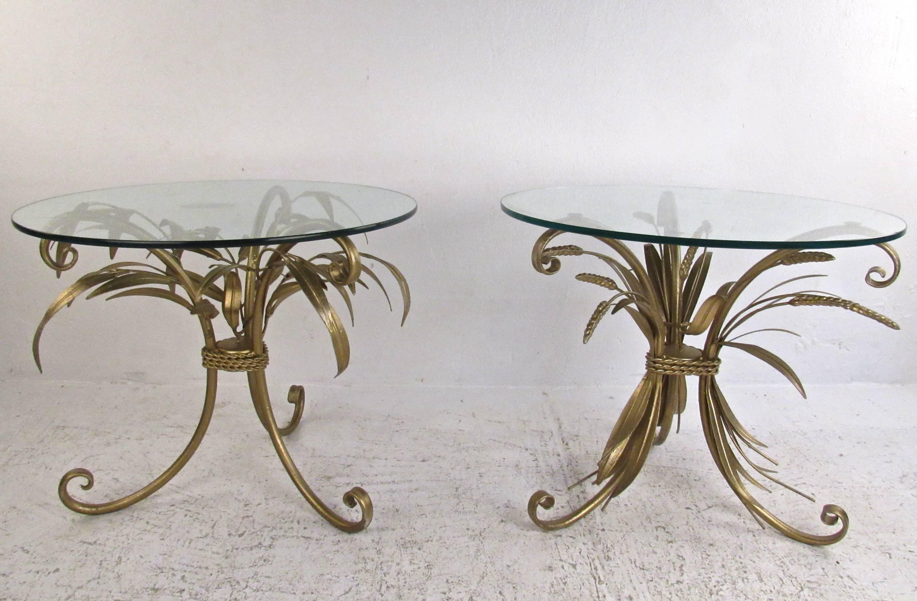 This pair of gilt finish "wheat sheath" end tables features unique decorative details, scrolled legs, and ornate design in the Hollywood Regency style of Coco Chanel. Perfect pair of tables for use in living room or waiting room; please