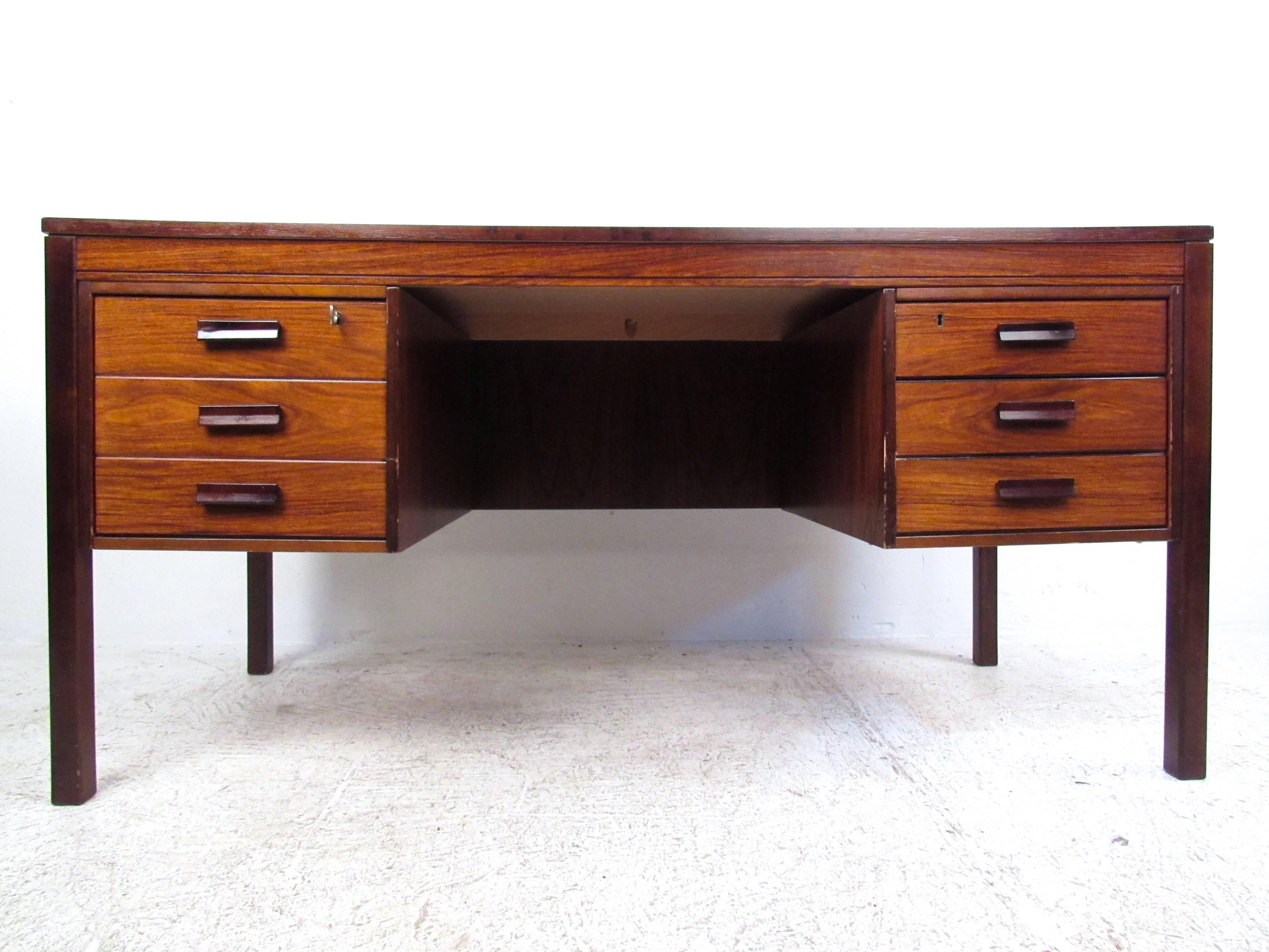 Danish Mid-Century Modern Rosewood and Teak Desk with Unique Marquetry