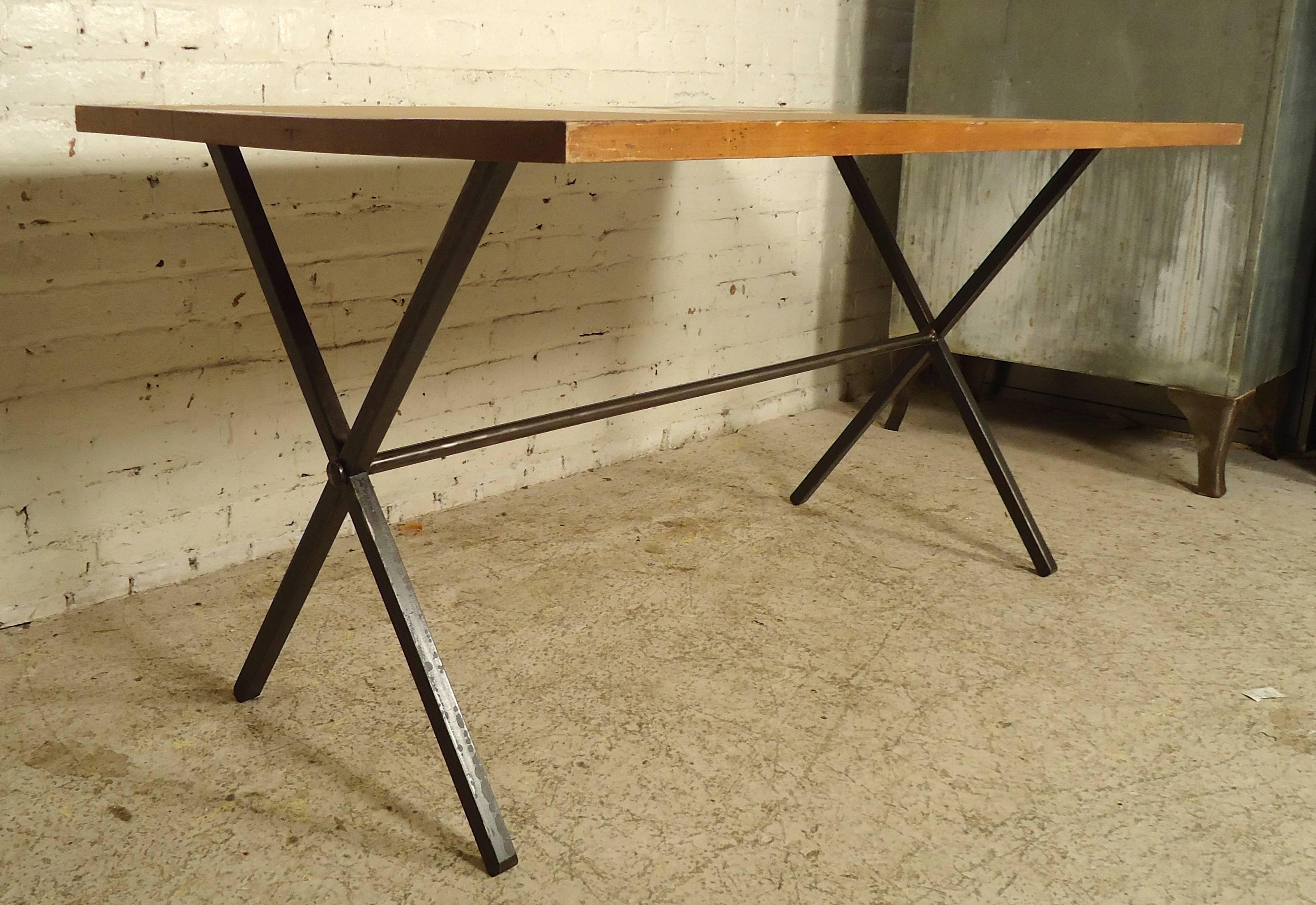 American Vintage Modern Wood Tabletop with Iron Base