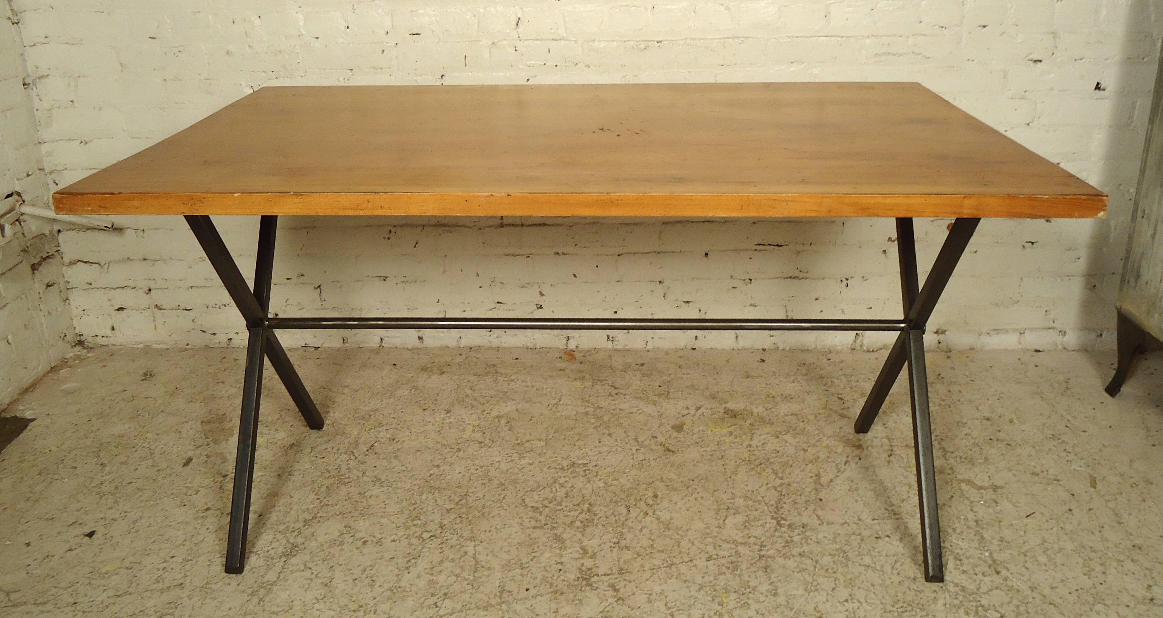 Mid-Century Modern Vintage Modern Wood Tabletop with Iron Base