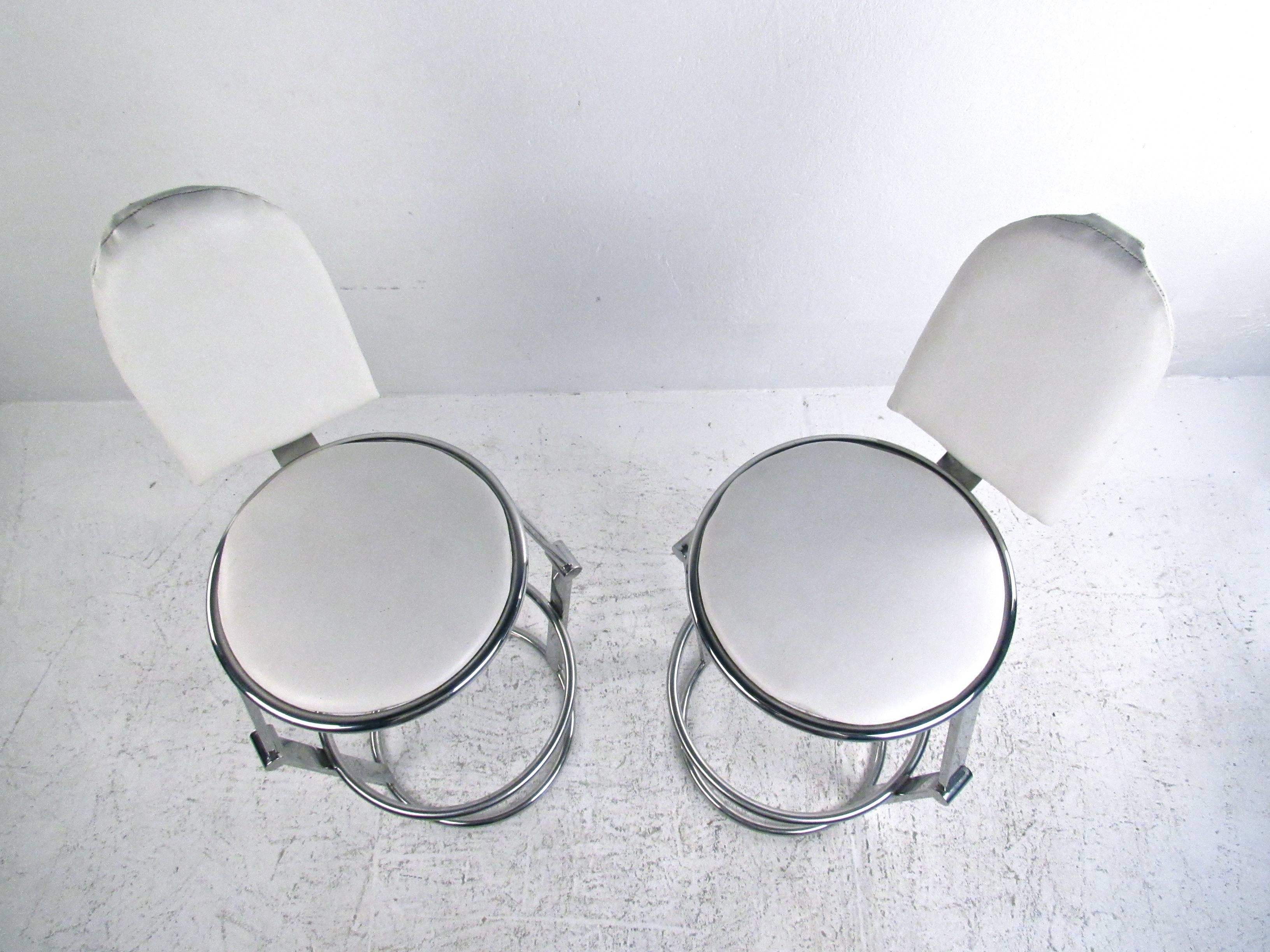 Faux Leather Pair of Mid-Century Style Chrome and Vinyl Bar Stools For Sale