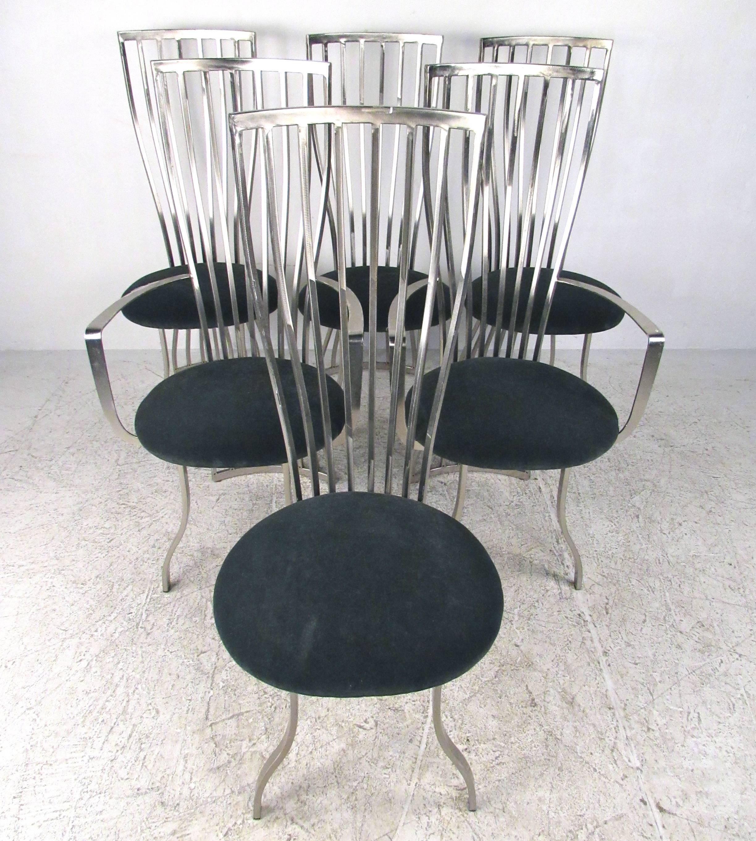 This unique set of high back dining chairs features sturdy steel frames with uniquely elegant curved backs and legs. Comfortable upholstered seats add to the appeal of the set of six, which includes two armchairs. Please confirm item location (NY or