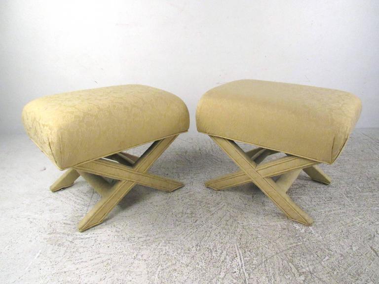 Pair of Vintage "X" Frame Upholstered Ottomans For Sale at 1stDibs x