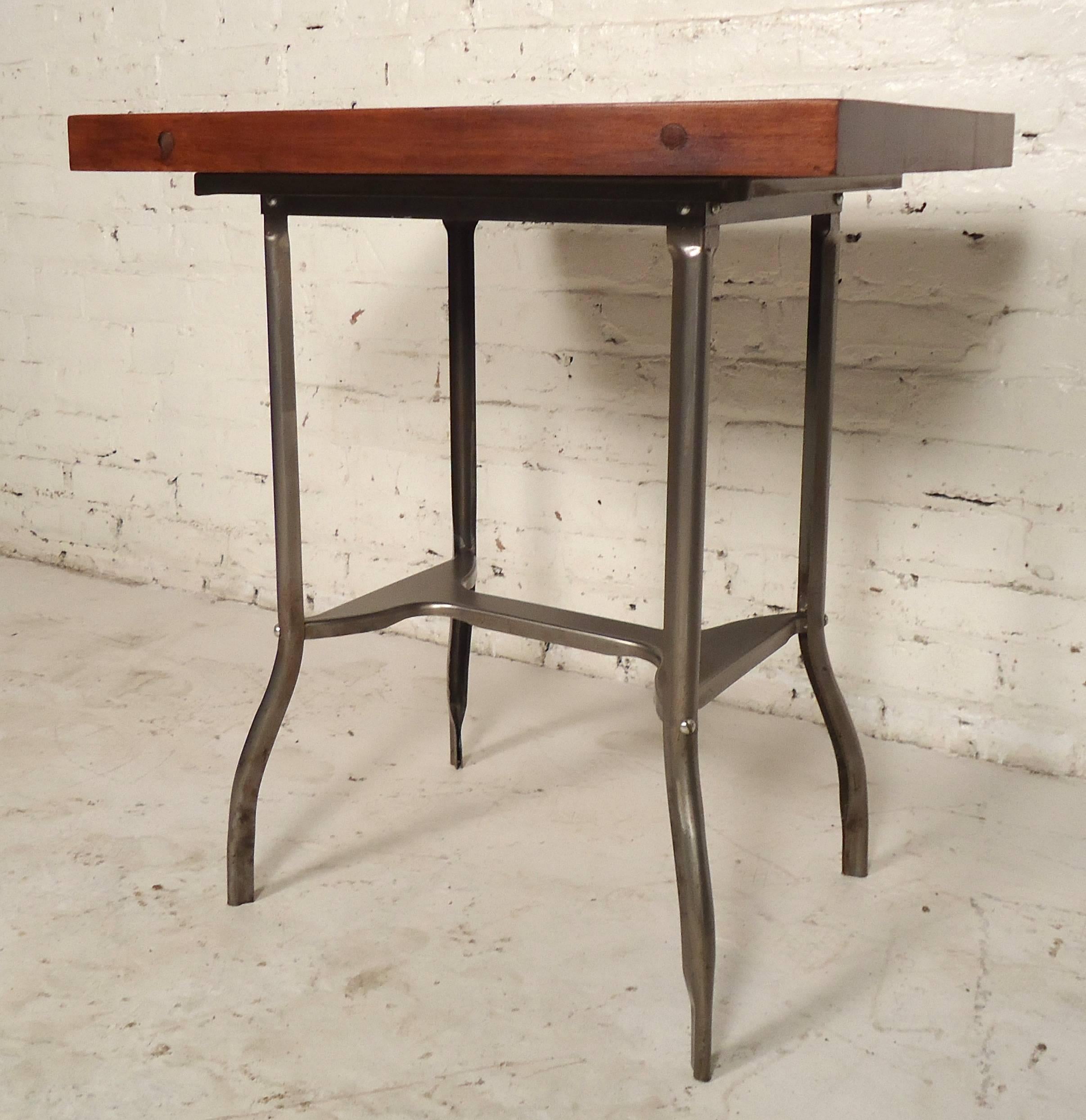 Small Industrial Metal Wood Top Table In Distressed Condition In Brooklyn, NY