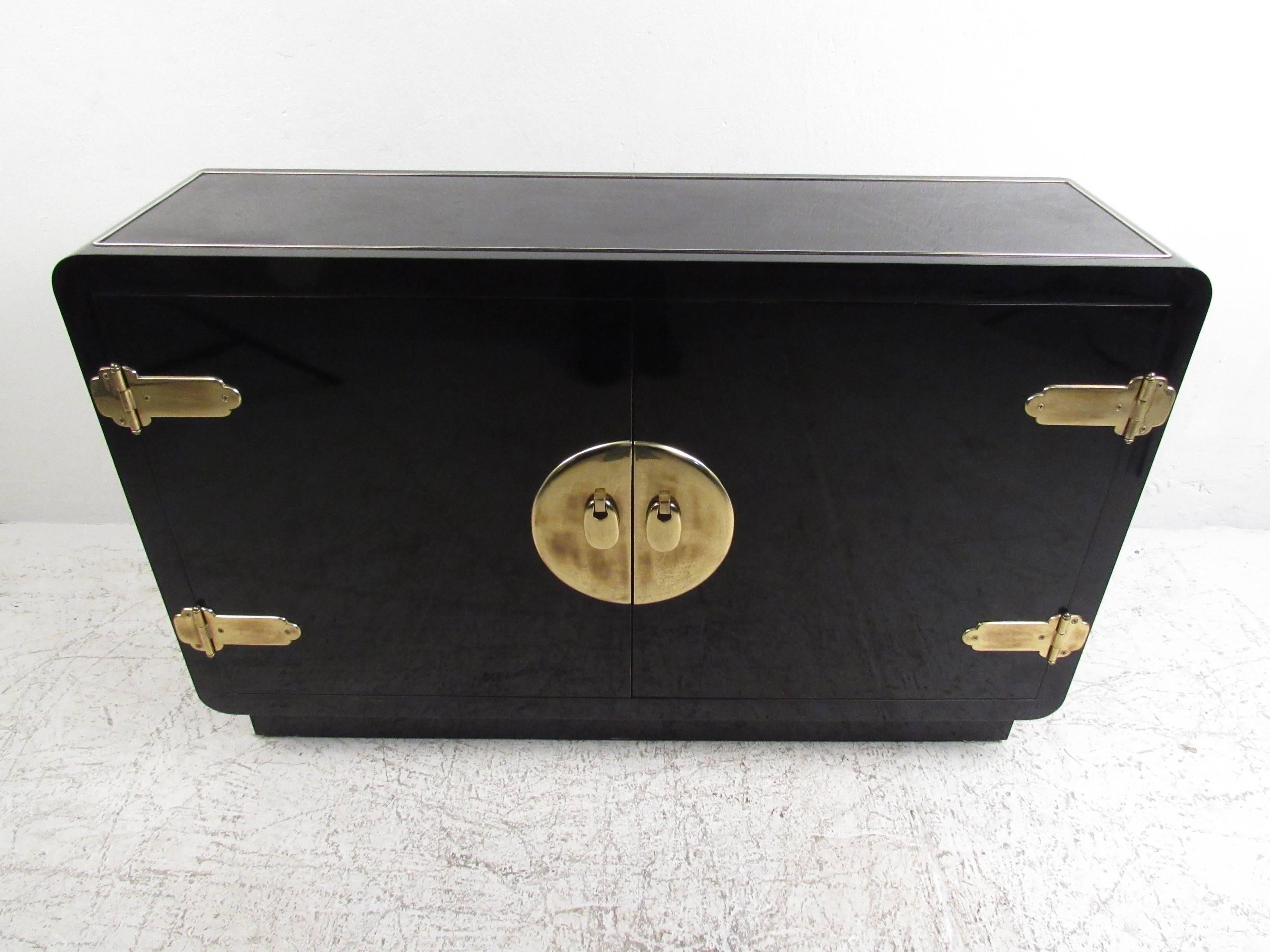 Art Deco Vintage Modern Asian Inspired Black Lacquer Cabinet by Mastercraft