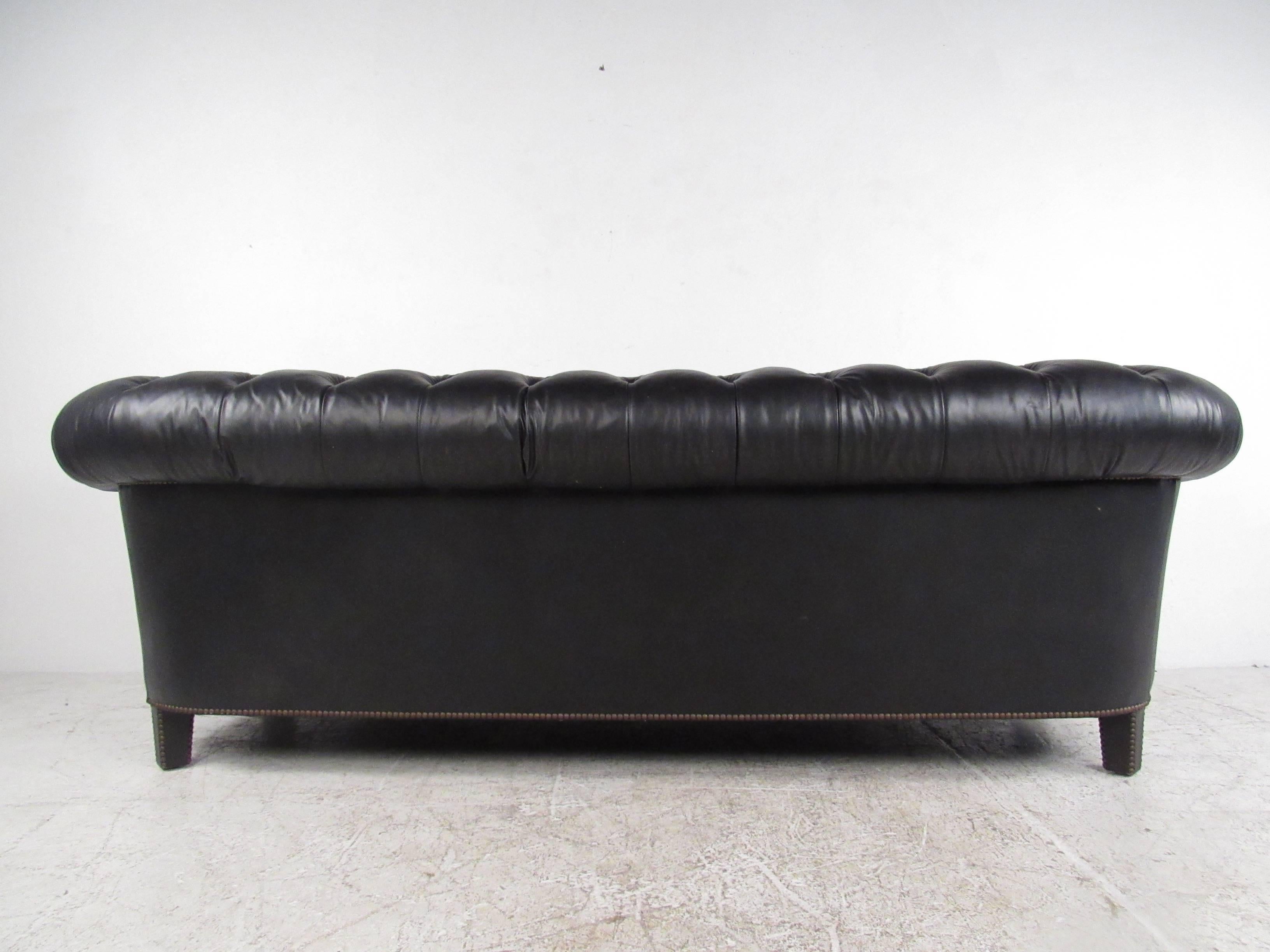 Mid-Century Modern Vintage Black Vinyl Chesterfield Sofa by Baker