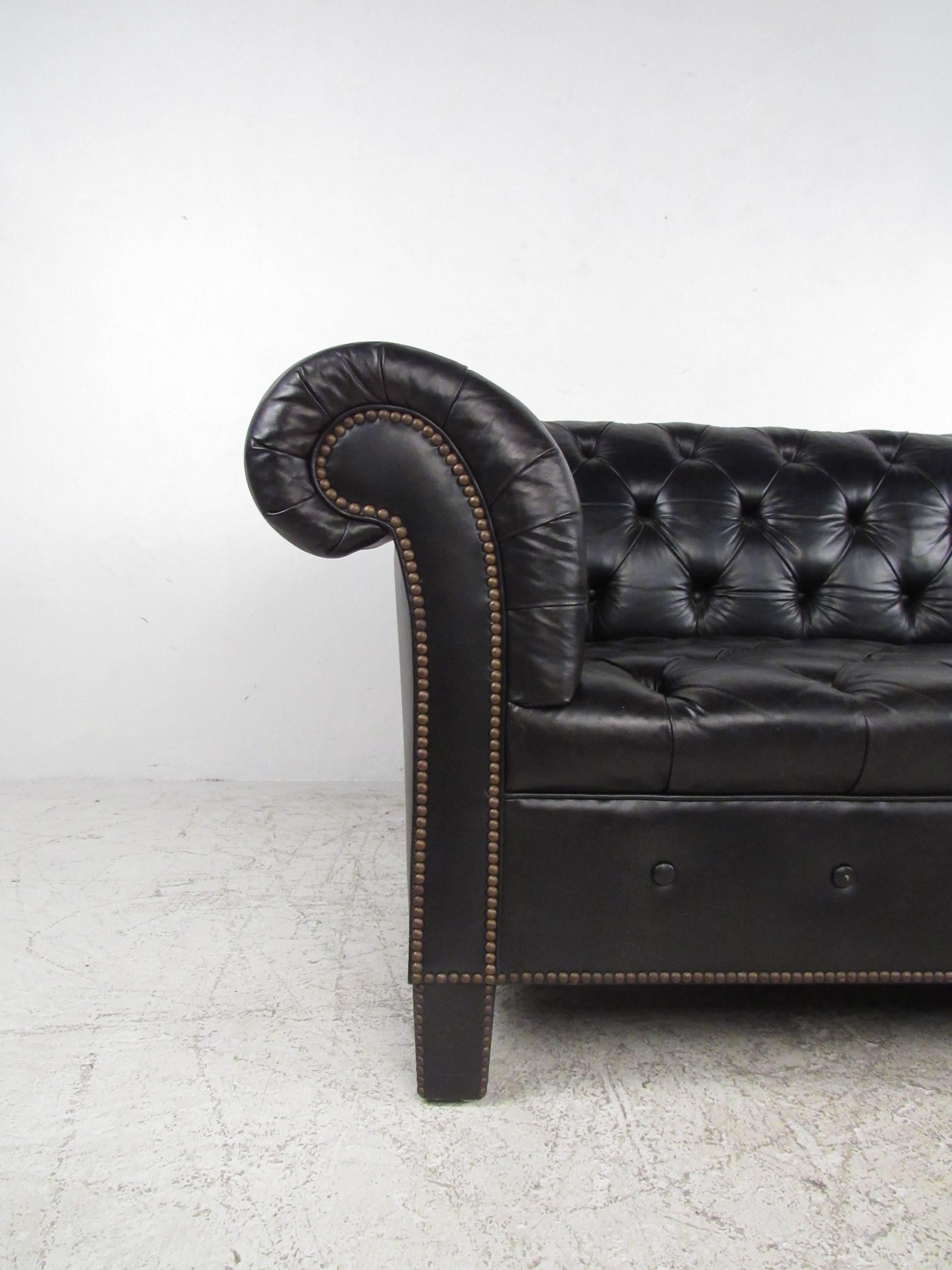 Vintage Black Vinyl Chesterfield Sofa by Baker In Good Condition In Brooklyn, NY