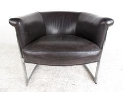 Vintage Modern Cantilever Leather Barrel Chair in the Manner of Milo Baughman
