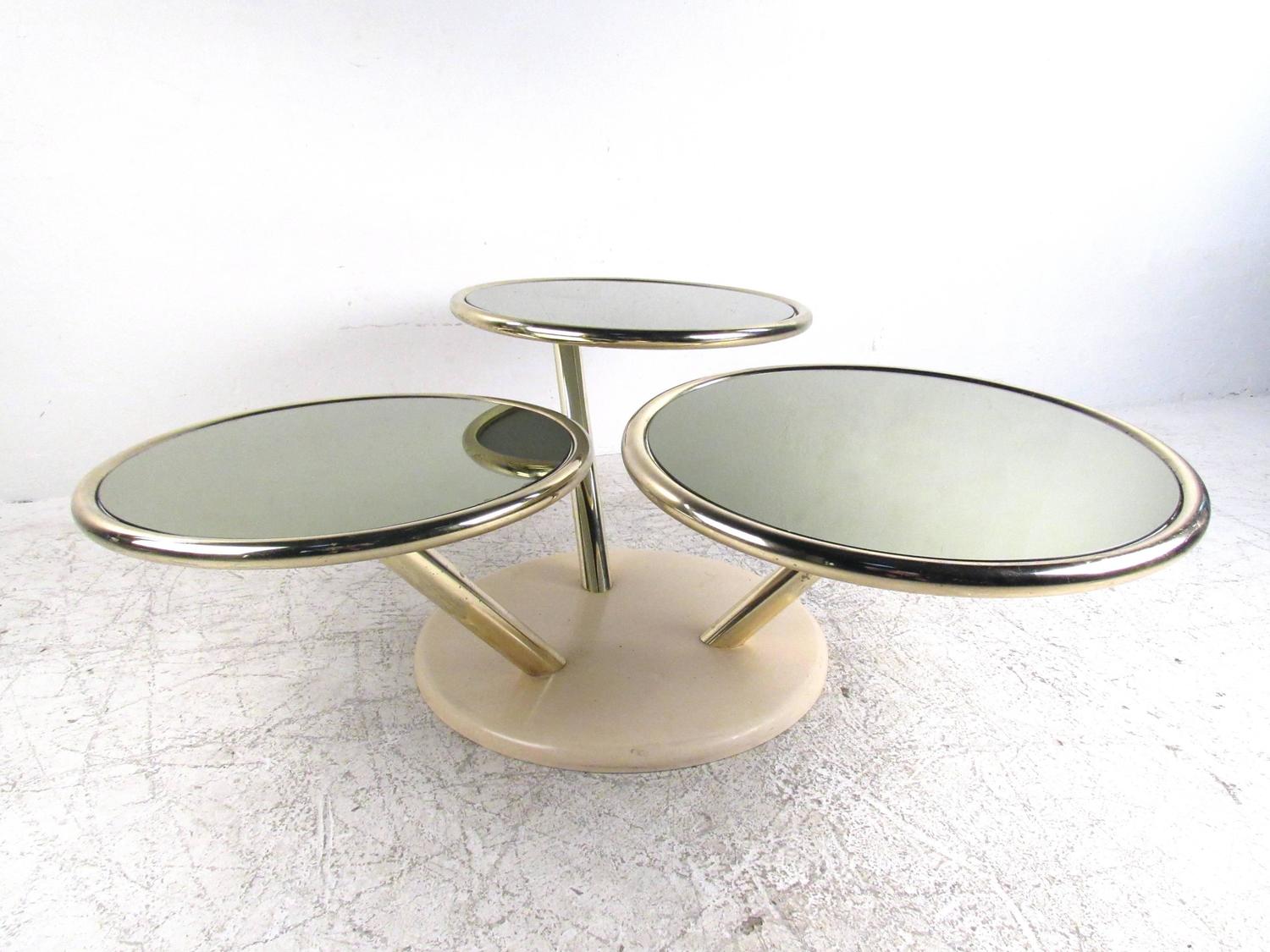 Unique MidCentury Brass and Glass Swivel Top Coffee Table For Sale at
