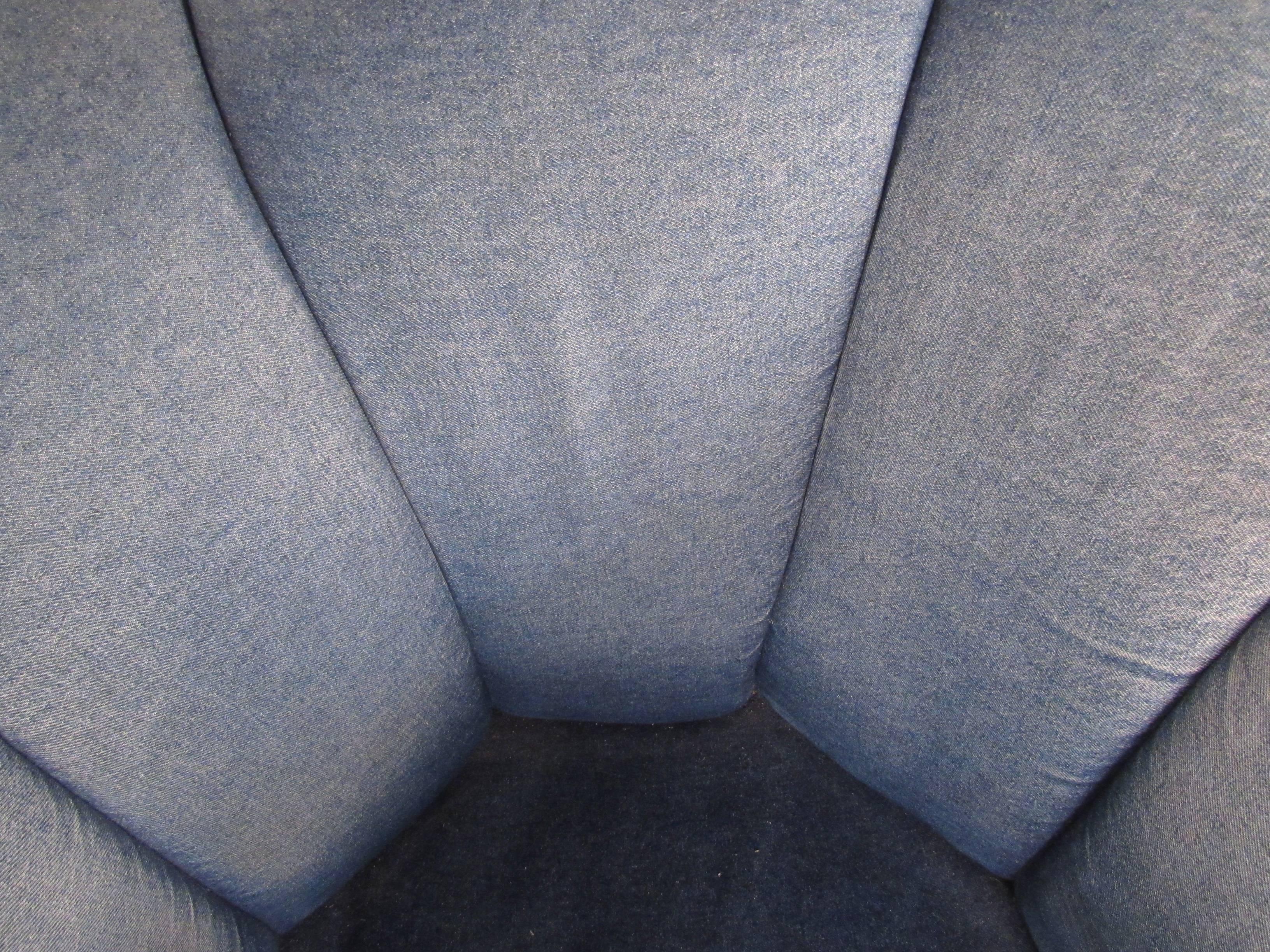 Fabric Pair of Mid-Century Style Swivel Denim Lounge Chairs
