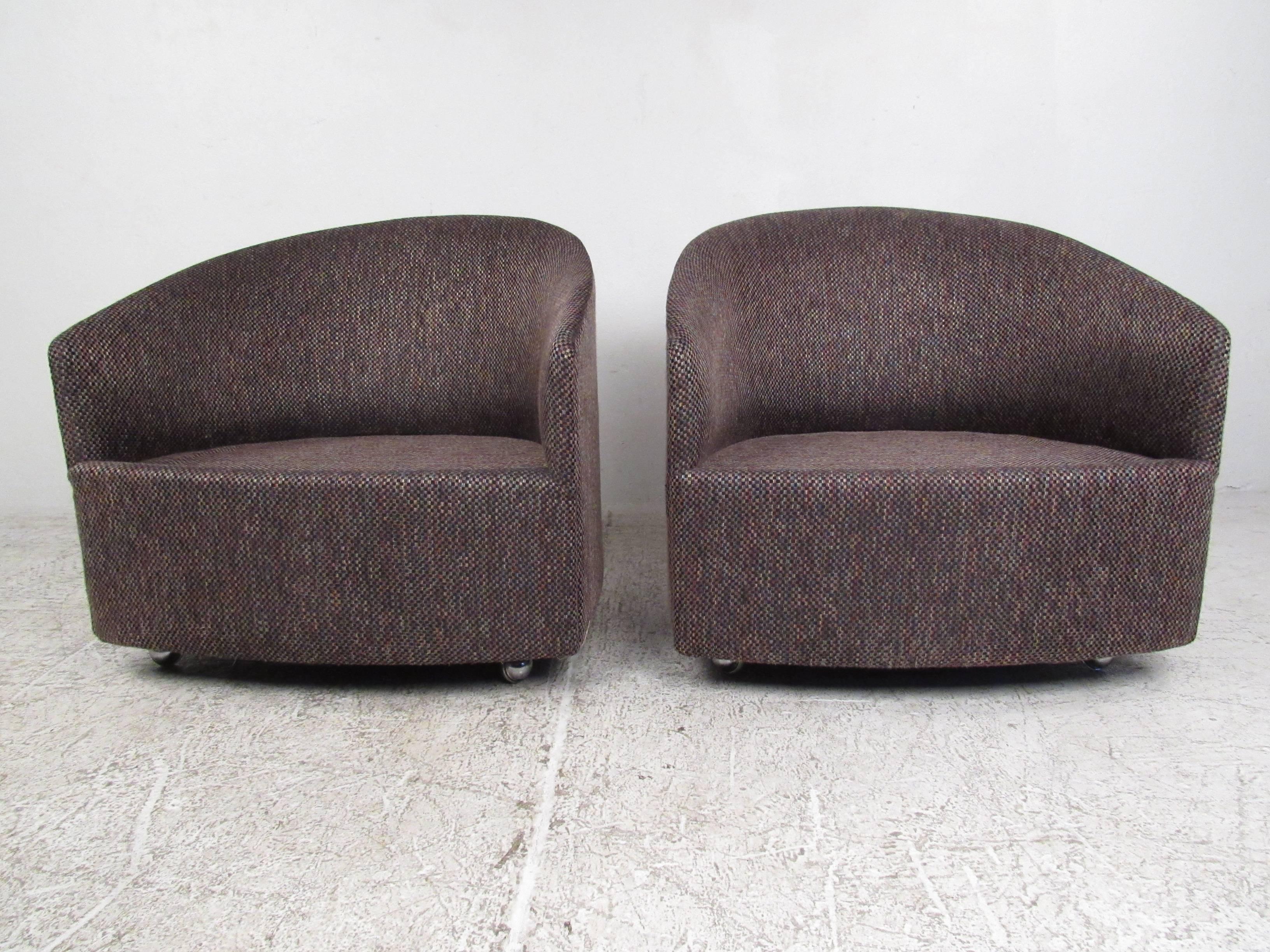 Fabric Pair of Stylish Mid-Century Modern Barrel Back Lounge Chairs after Milo Baughman