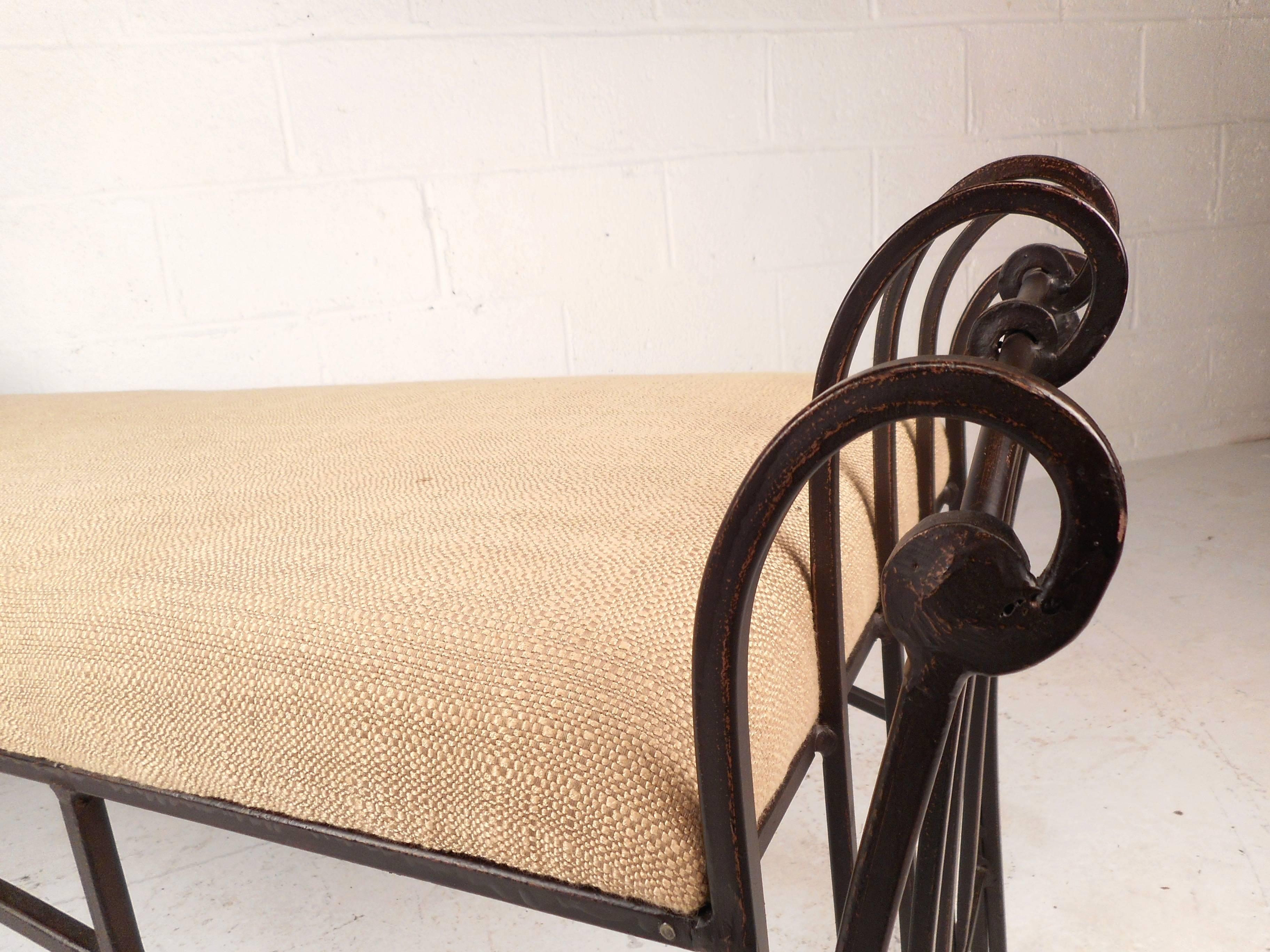 20th Century Vintage Wrought Iron Upholstered Bench